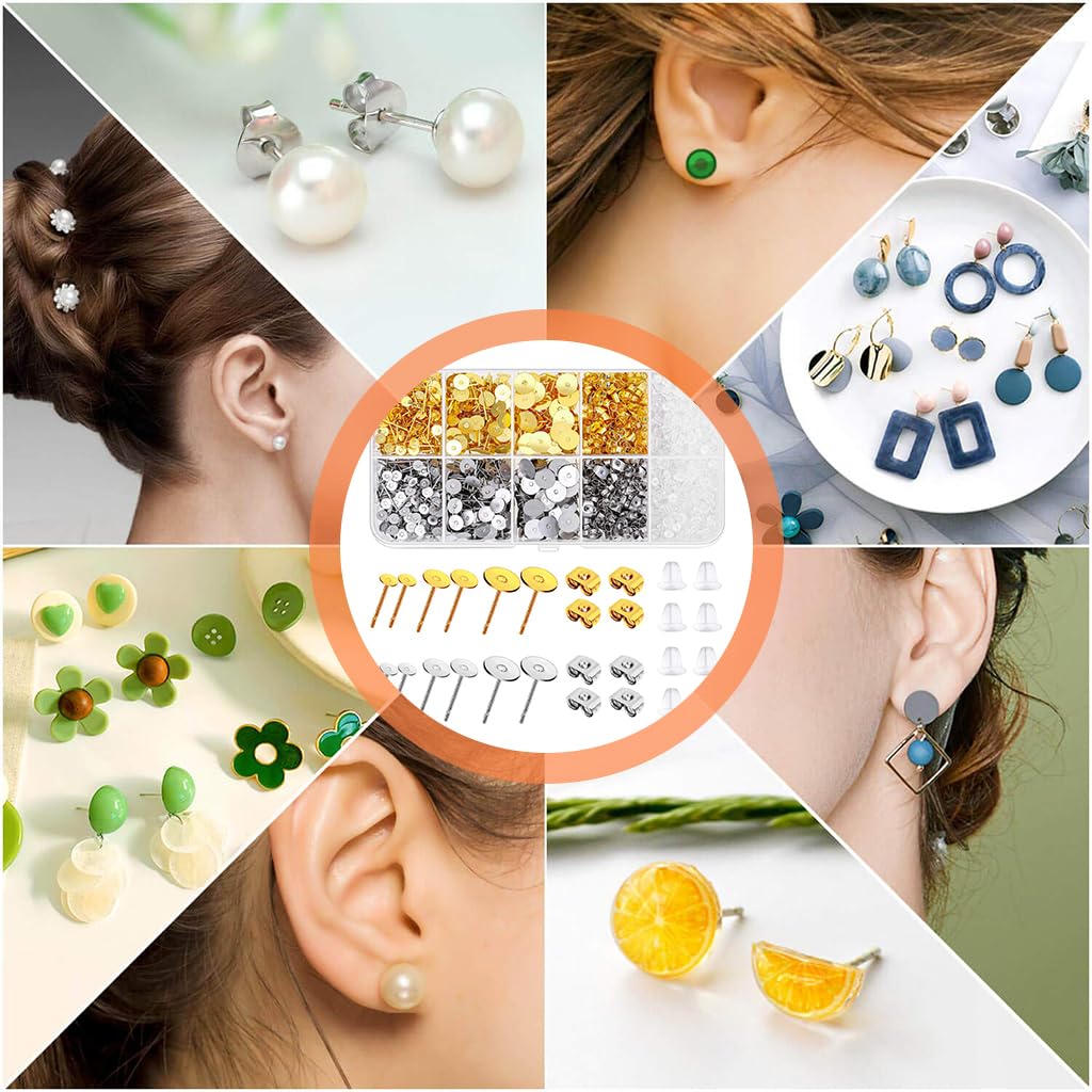 MAYCREATE 2000 Pieces DIY Earring Posts and Backs Golden and Silver Earring Posts and Backs Kit with 3 Sizes Stainless Steel Round Ear Stud Backs, Rubber Ear Stud Stoppers, Butterfly Earring Backs