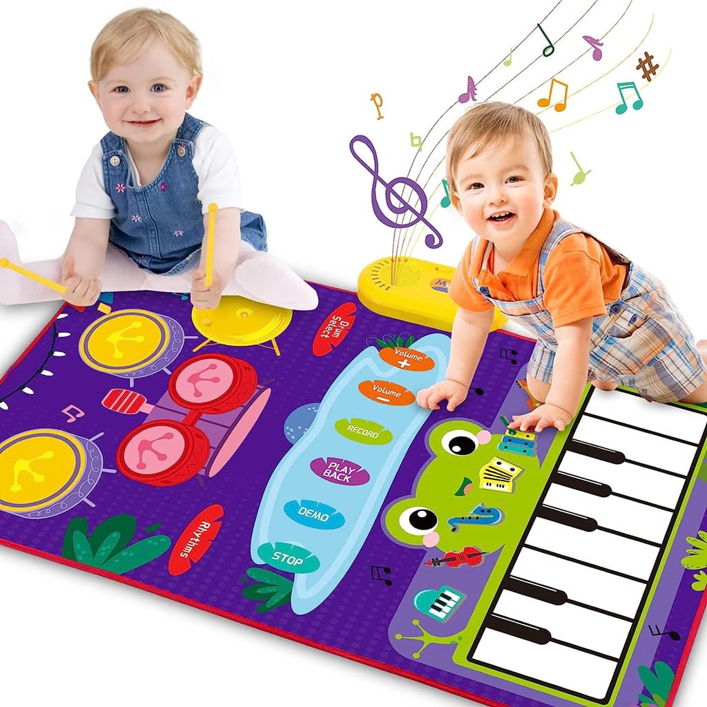 PATPAT Musical Mat for Kids 31.4x19.6 inch 2 in 1 Baby Piano Play Mat & Drum Musical Mat for Kids Musical Toys with 2 Drum Sticks Early Educational Toys Gifts for 1/2/3/4/5/6 Year Old Boys Girls