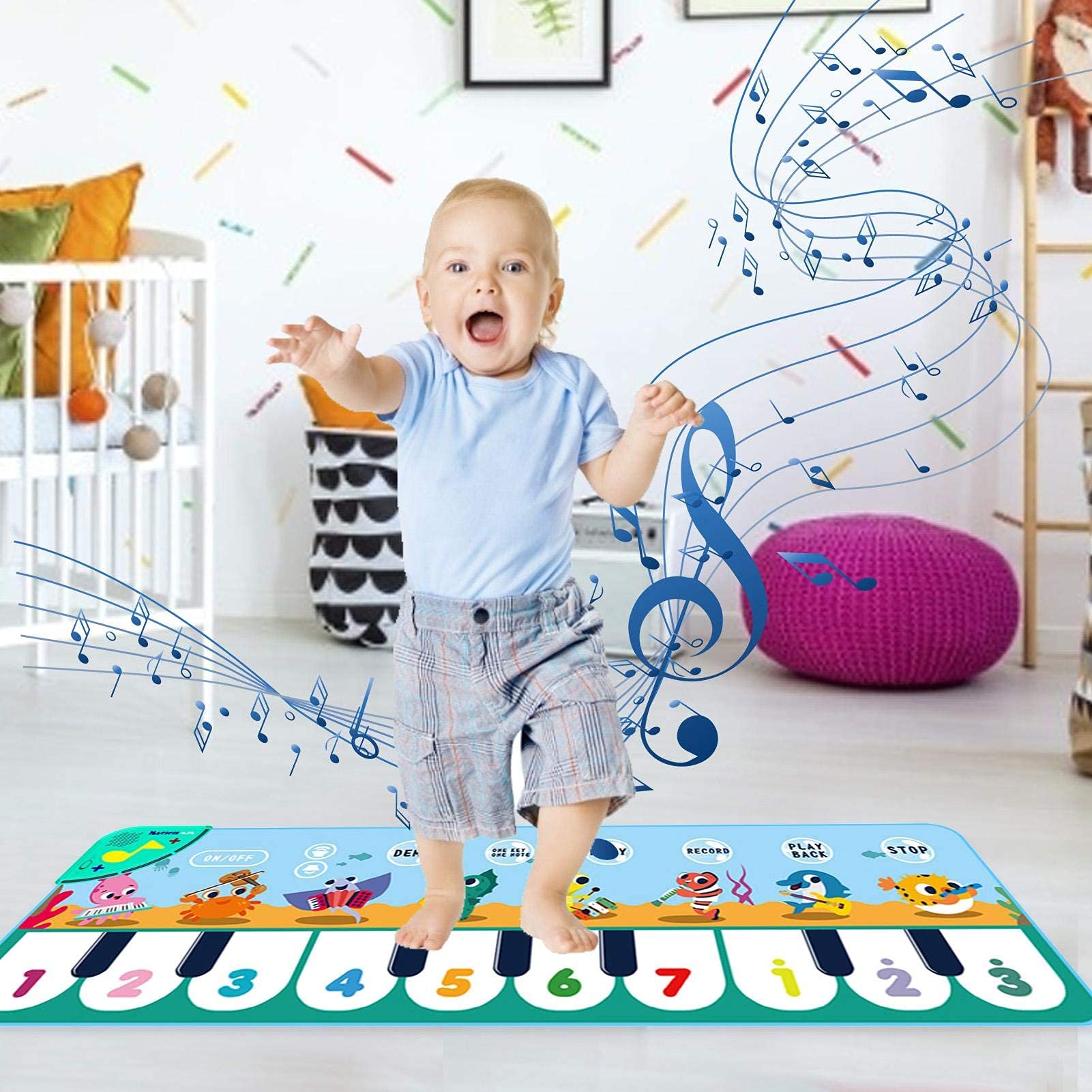 PATPAT Musical Mat for Kids, 8 Sounds Music Piano Keyboard Dance Floor Mat Carpet Animal Blanket Touch Mat Musical Toys Early Education Toys for Baby Girls Boys 1-3 Years Old(43.3x14.2in)