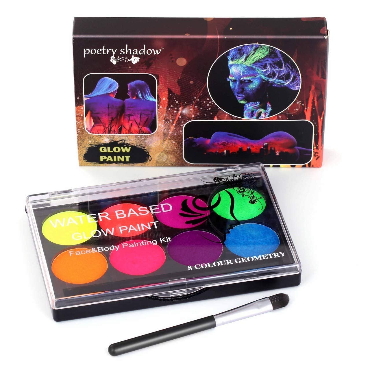 HASTHIP Face Paint Glow In The Dark Face Body Paint, 8 Neon Colors Glow In Dark Makeup Water Based Paint with Painting Brush Non-Toxic Washable for Kids Adult, Halloween Costume Masquerades