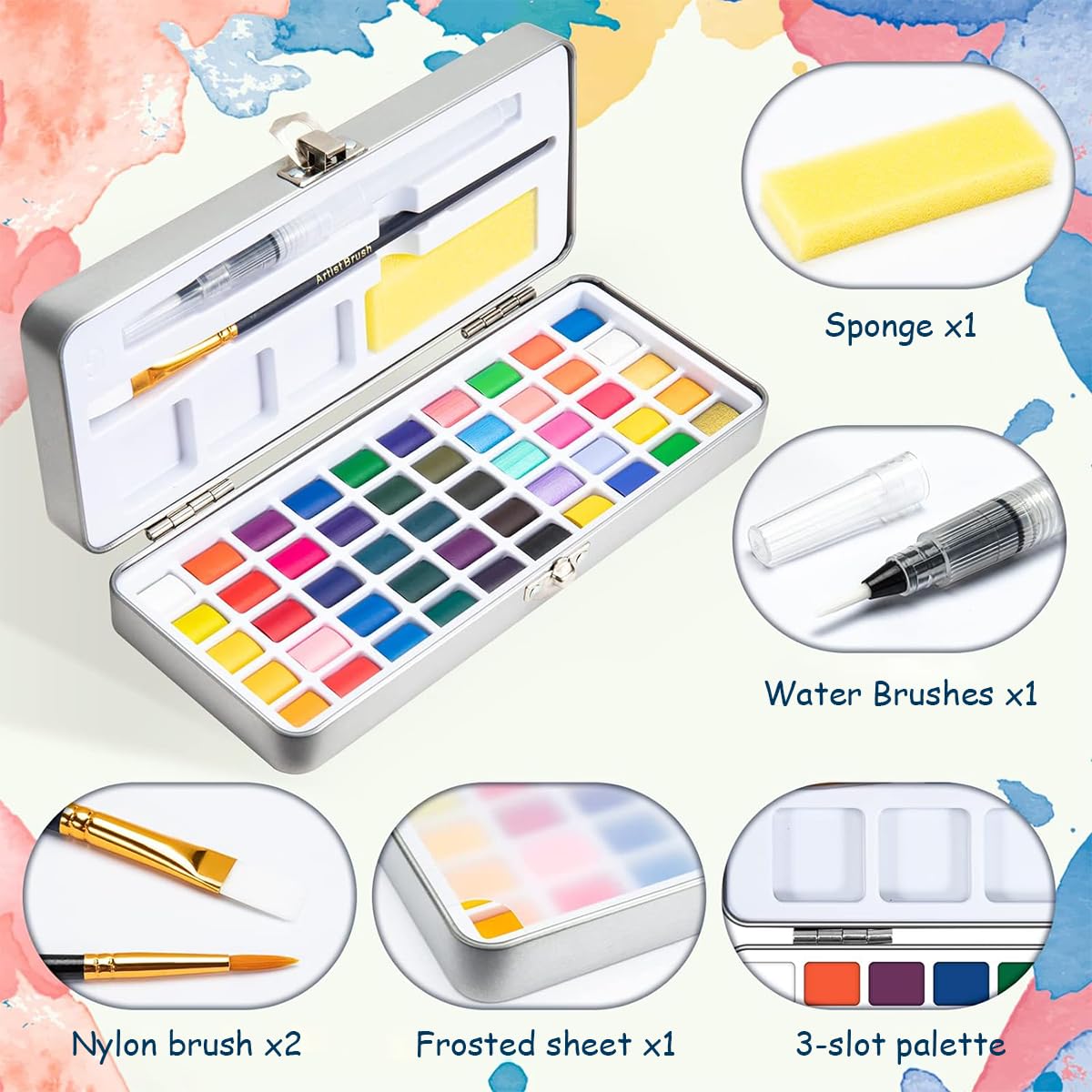 HASTHIP Solid 50-Color Watercolor Set, Professional & Beginners Paint Kit with Brush & Pen, Non-Toxic Pigment, Portable Metal Box, Ideal for Studio & Travel Artists