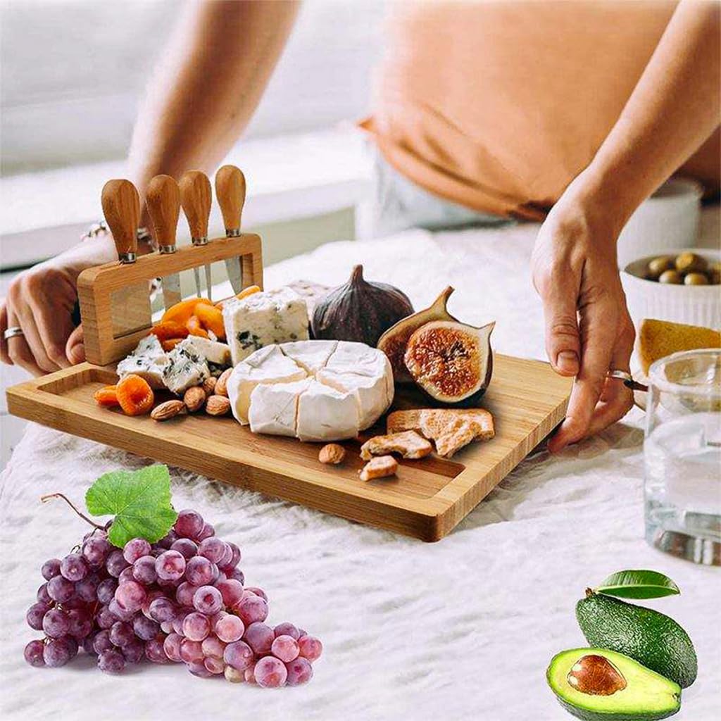 Supvox Cheese Board Platter Set with Utensils Holder Food-Grade Charcuterie Board Tray Square Cheese Platter Board Natural Bamboo Cheese Board with 4 Stainless Steel Cheese Knives 11x14 in
