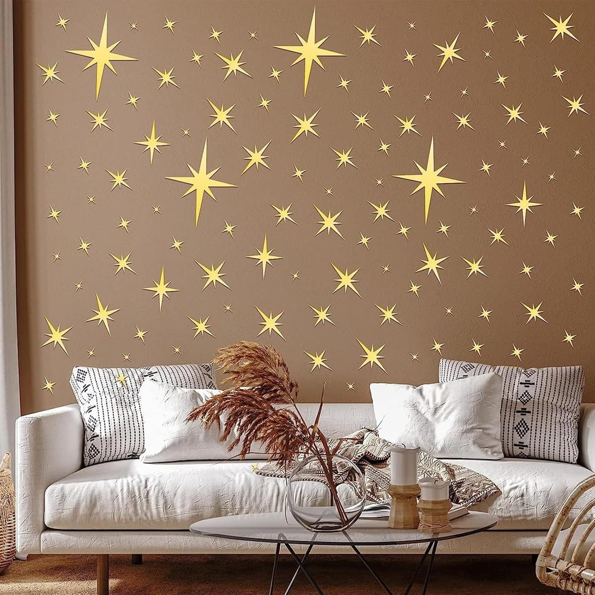 HASTHIP Golden Twinkle Stars Wall Stickers Multi Sizes Mirroring Acrylic Self Adheisve Stars Wall Stickers Background Decor Kids Room Wall Decor Home Decor