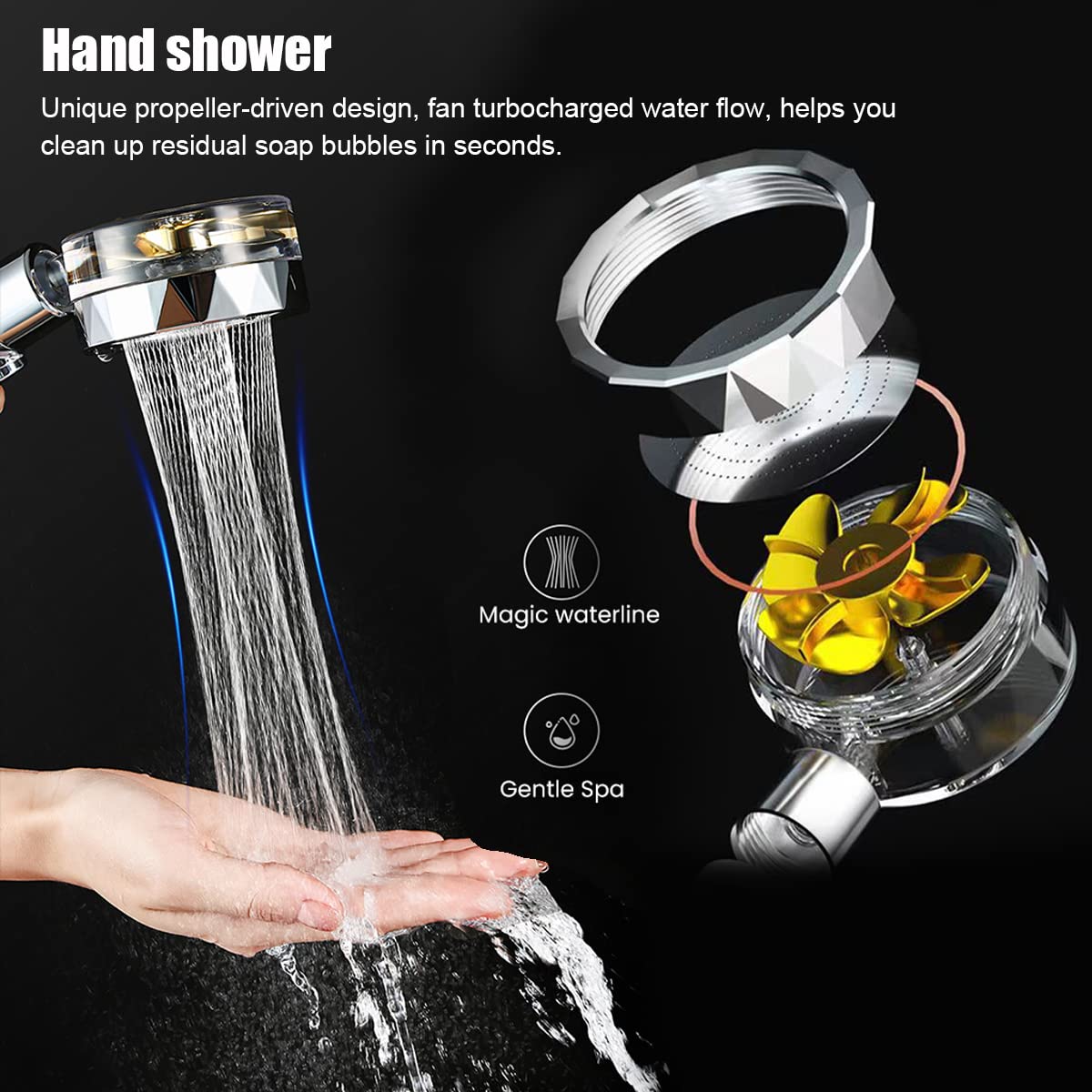 HASTHIP Hand Shower for Bathroom, High-Pressure Water Saving Shower with 2 Filter Cotton, Hand Shower, 360° Rotating Water Shower Head with Pause Switch Turbocharged (Gold)