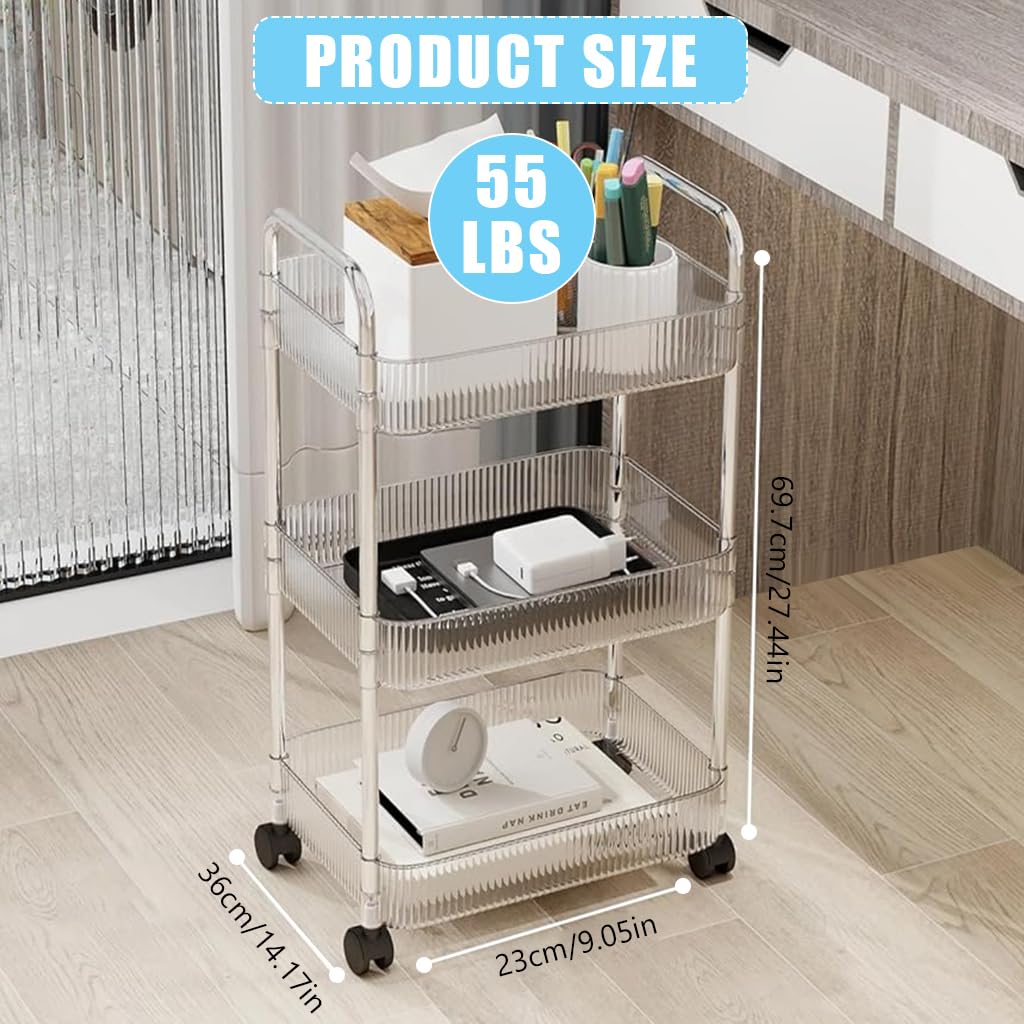 HASTHIP Acrylic 3-Tier Home Organizer Rolling Cart with Locking Wheels, Premium Versatile Organizer with 3 Hanging Basketsfor Bathroom, Laundry, Office, Transparent Design for Home, Kitchen, Bedroom
