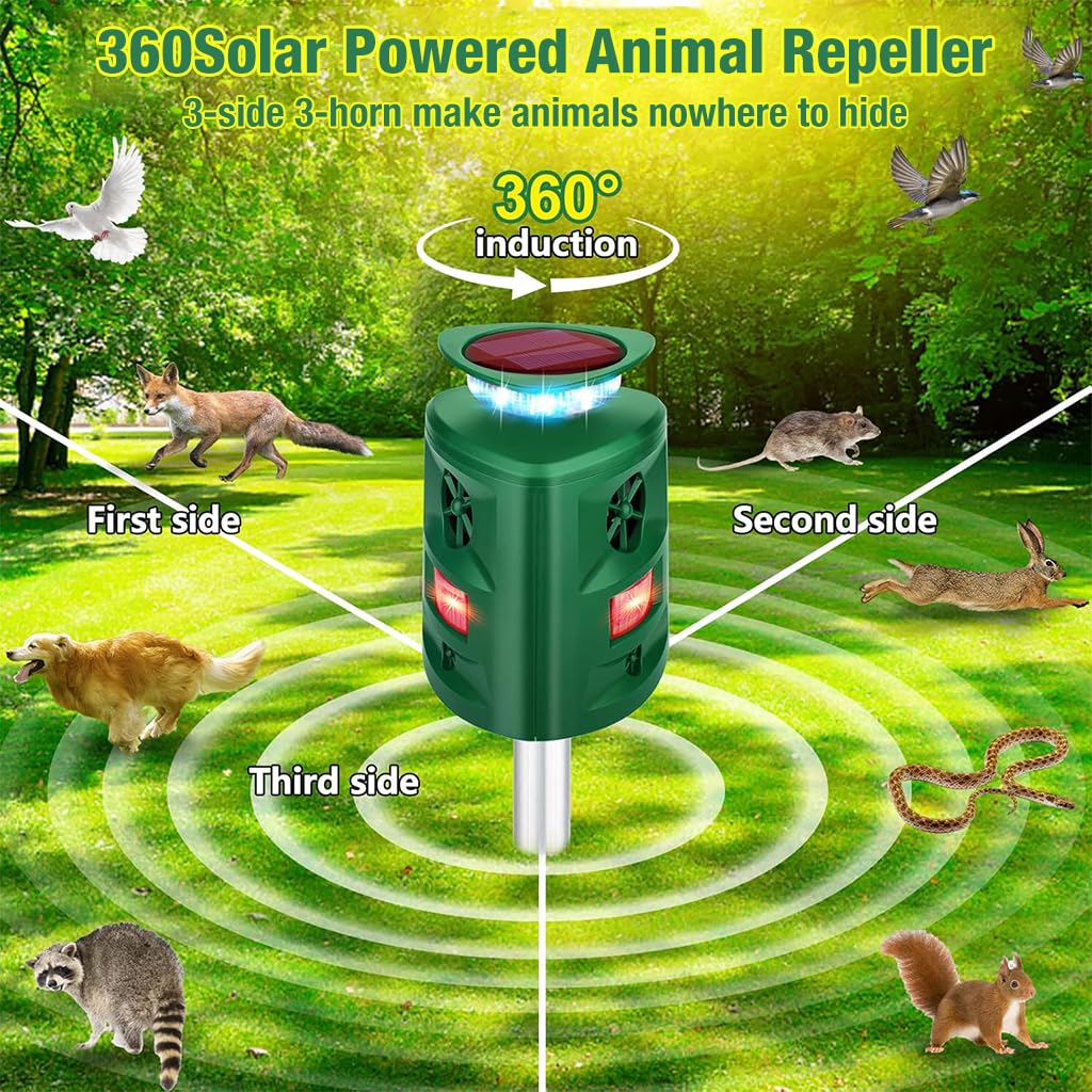 HASTHIP Solar Ultrasonic Animal Repeller with Motion Sensor 5 Modes Solar Animal Repeller with Flash Warn Light Weather Proof Solar Animal Repeller for Rodents, Birds, Small Animals