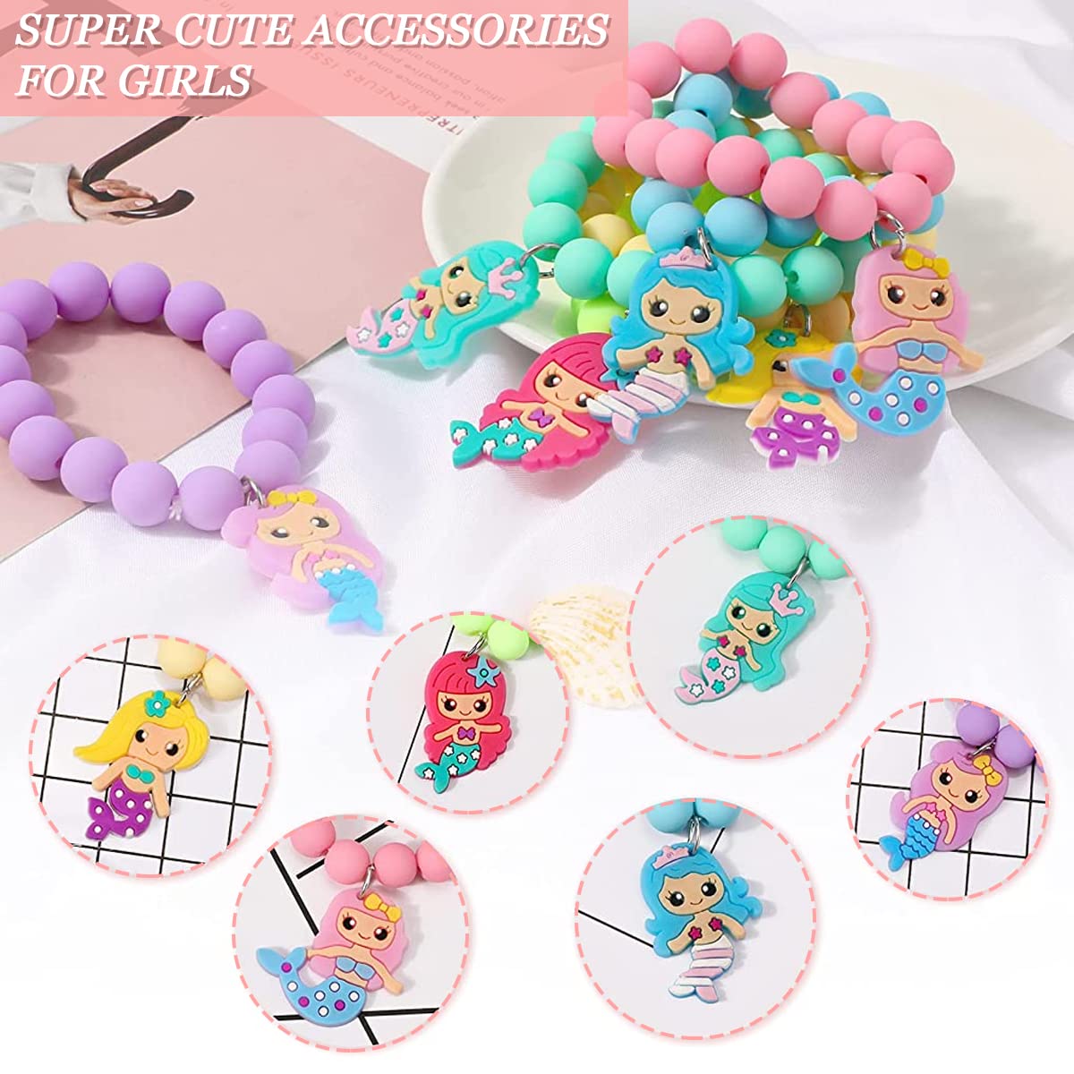 SANNIDHI 6 Pack Beads Bracelet for Girls Stylish Friendship Bracelets for Kids, Candy Color Mermaid Charms Best Friend Bracelet Set Jewellery Gift