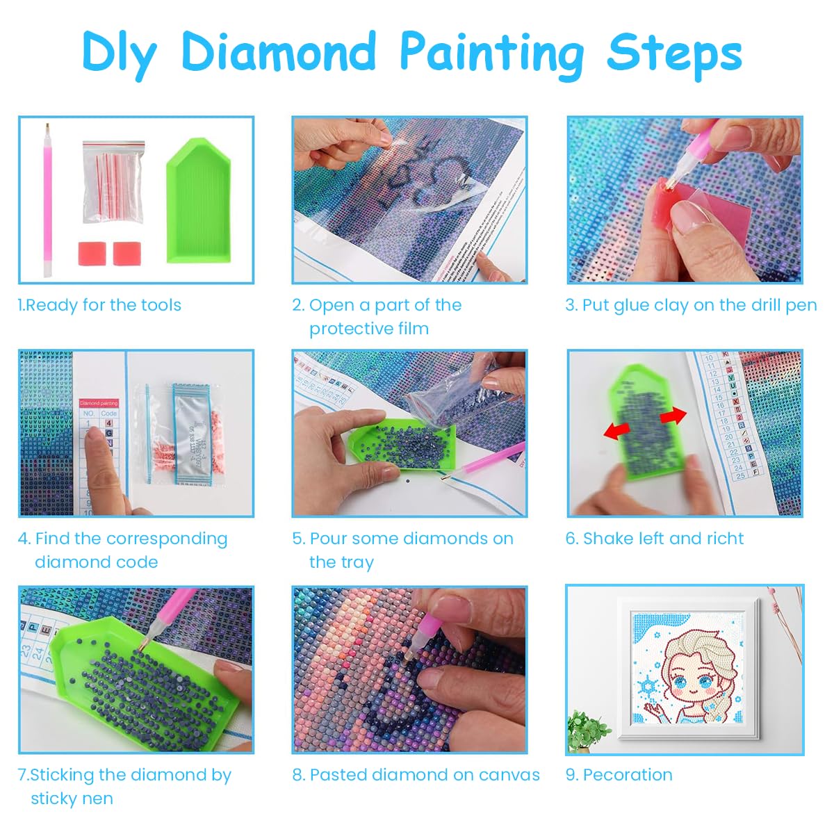 PATPAT DIY Diamond Painting Wall Decor Frozen Princess Elsa Diamond Art Painting Kit with Color Diamond Packs, Diamond Pick Up Pen, Glue Clay, Diamond Tray, 7.2''*7.2'', With Frame
