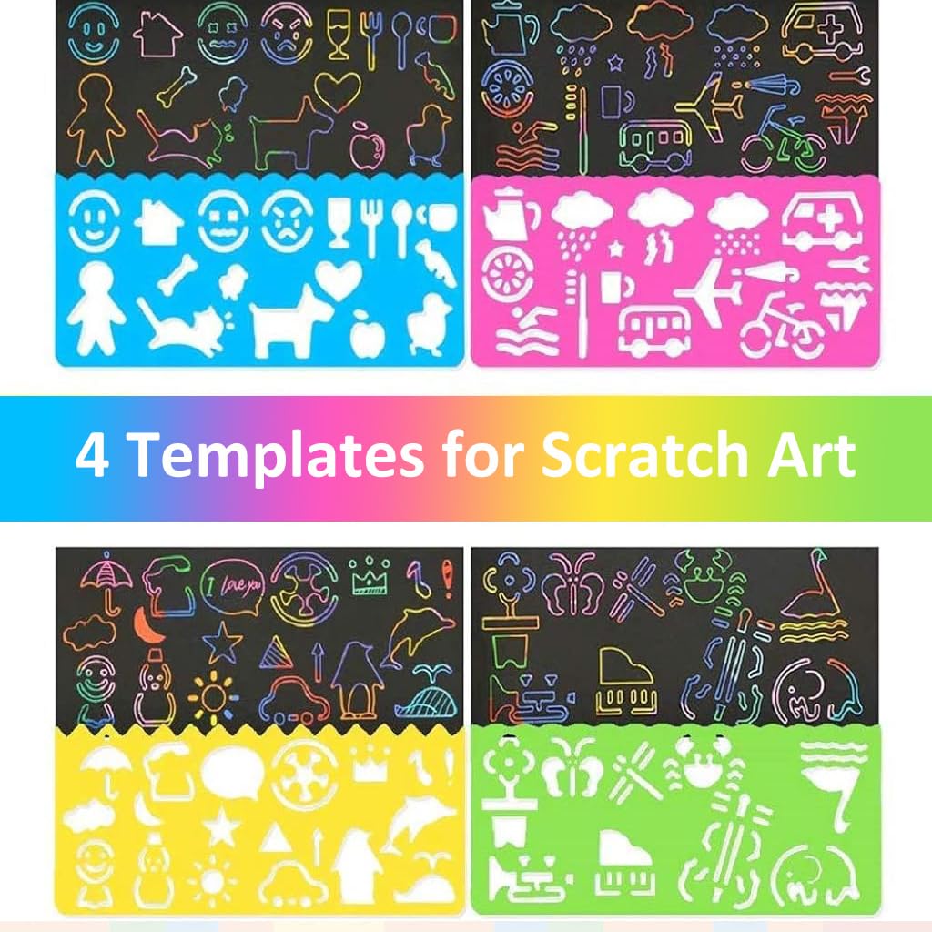 PATPAT DIY Art Paint Scratch-off Rainbow Art Paper Painting Kit Kids DIY Art Painting Kit No Paints Art Scratching Magic Paper DIY Rainbow Scratching Paper with Templates & Scratching Wood Stick