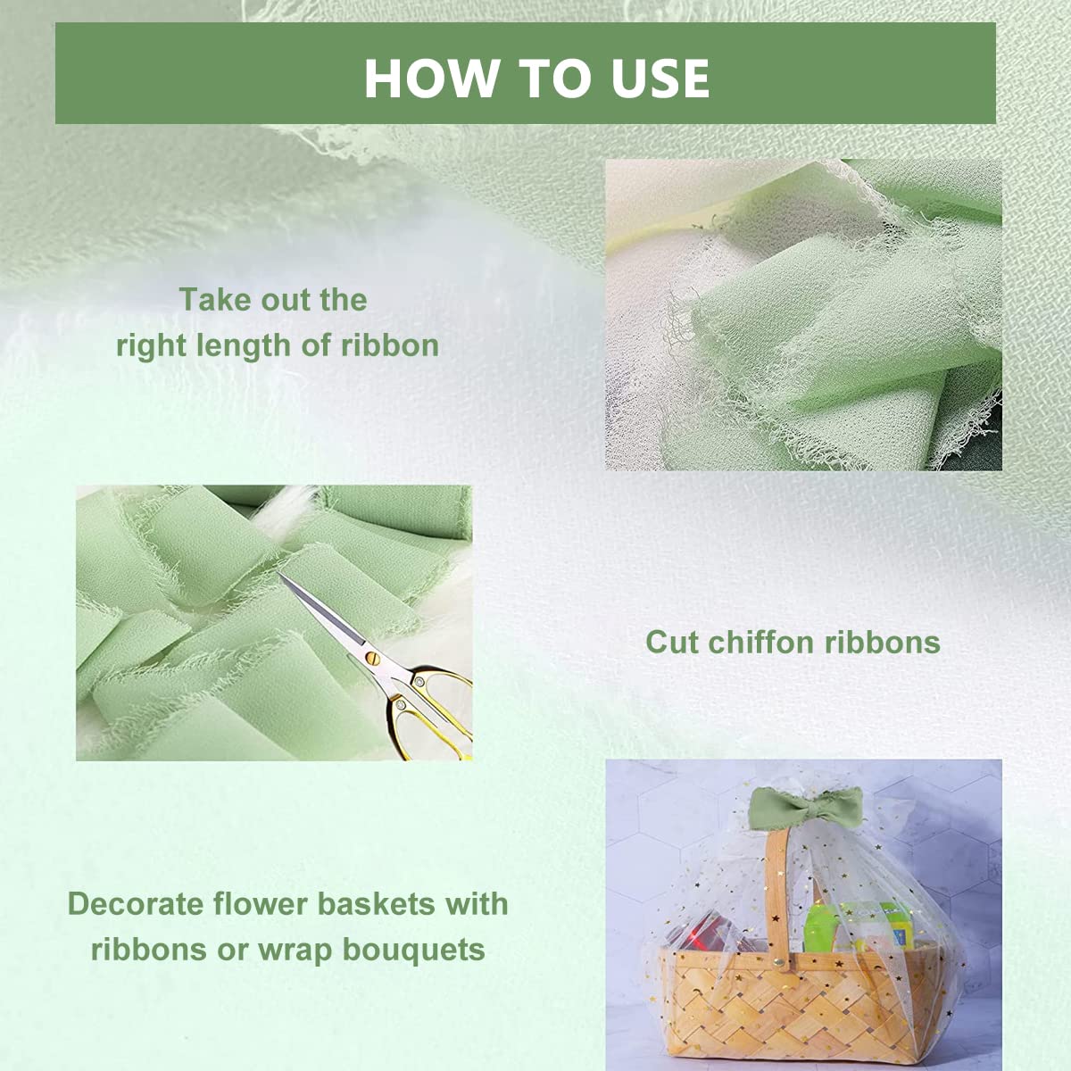 HASTHIP 3 Rolls Chiffon Ribbon Fringe Chiffon Silk-Feel Ribbons, Cream & Green Ribbons Set for DIY Craft, Wedding Decoration, Bridal Bouquets, Gifts Wrapping (1.5