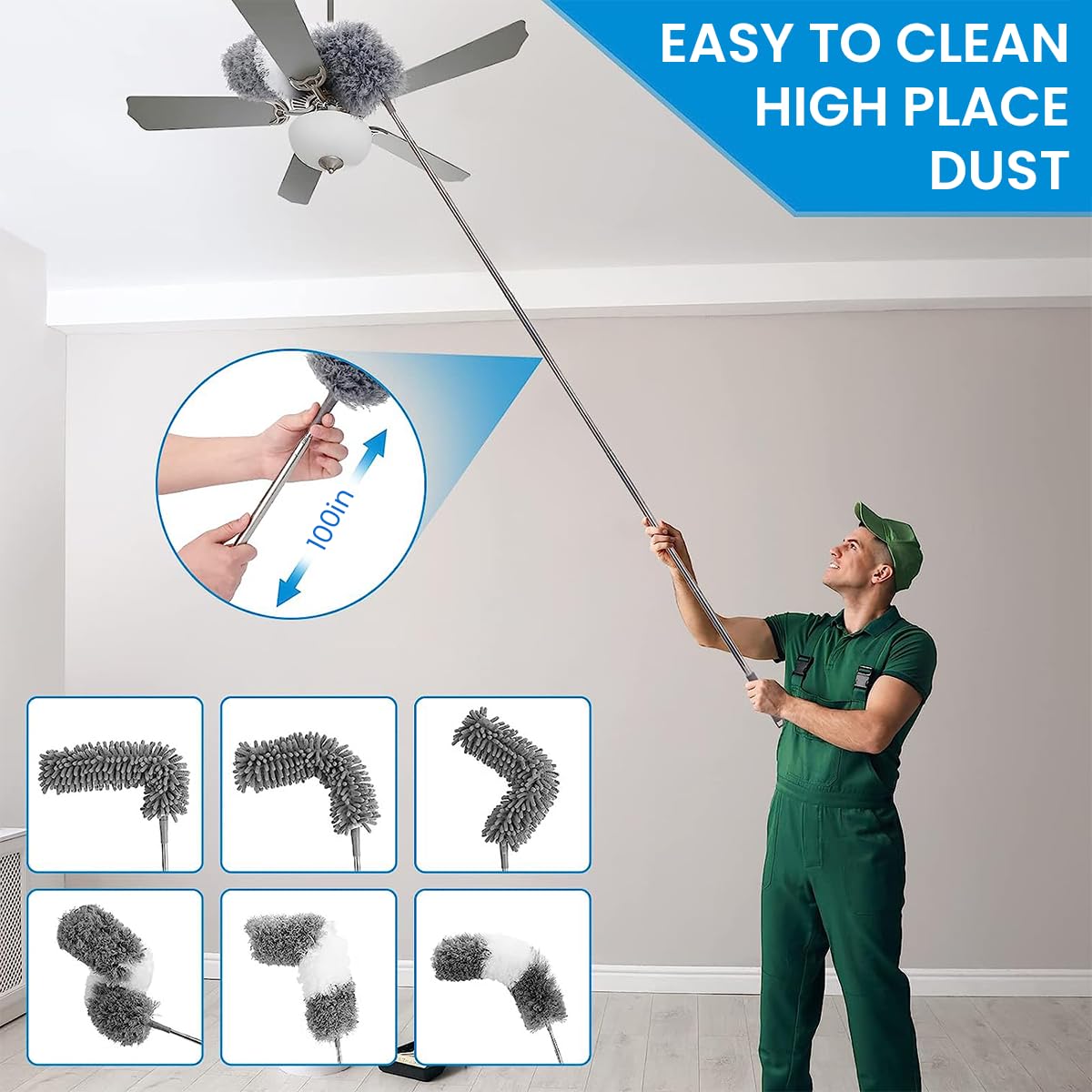 HASTHIP Microfiber Duster 3 in 1 Microfiber Duster Set, Bendable Chenille Dusters Three Duster Head with Extendable Handle Bar Feather Duster for Ceiling Fan, High Ceiling, Blinds, Furniture, Cars