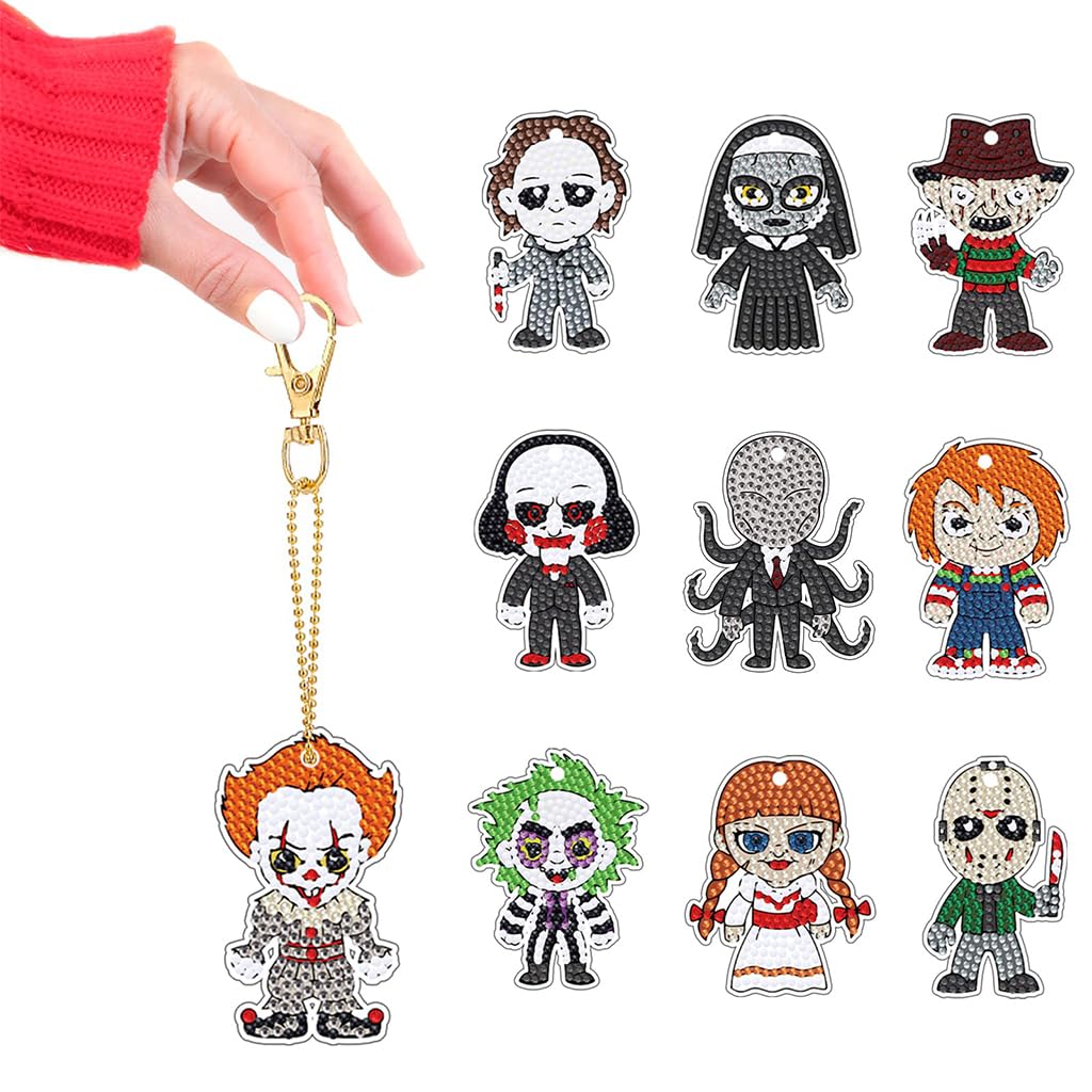PATPAT 10Pcs Halloween Diamond Art Keychains Horror Movie DIY Diamond Keychain Scary Stuff Halloween Gifts for