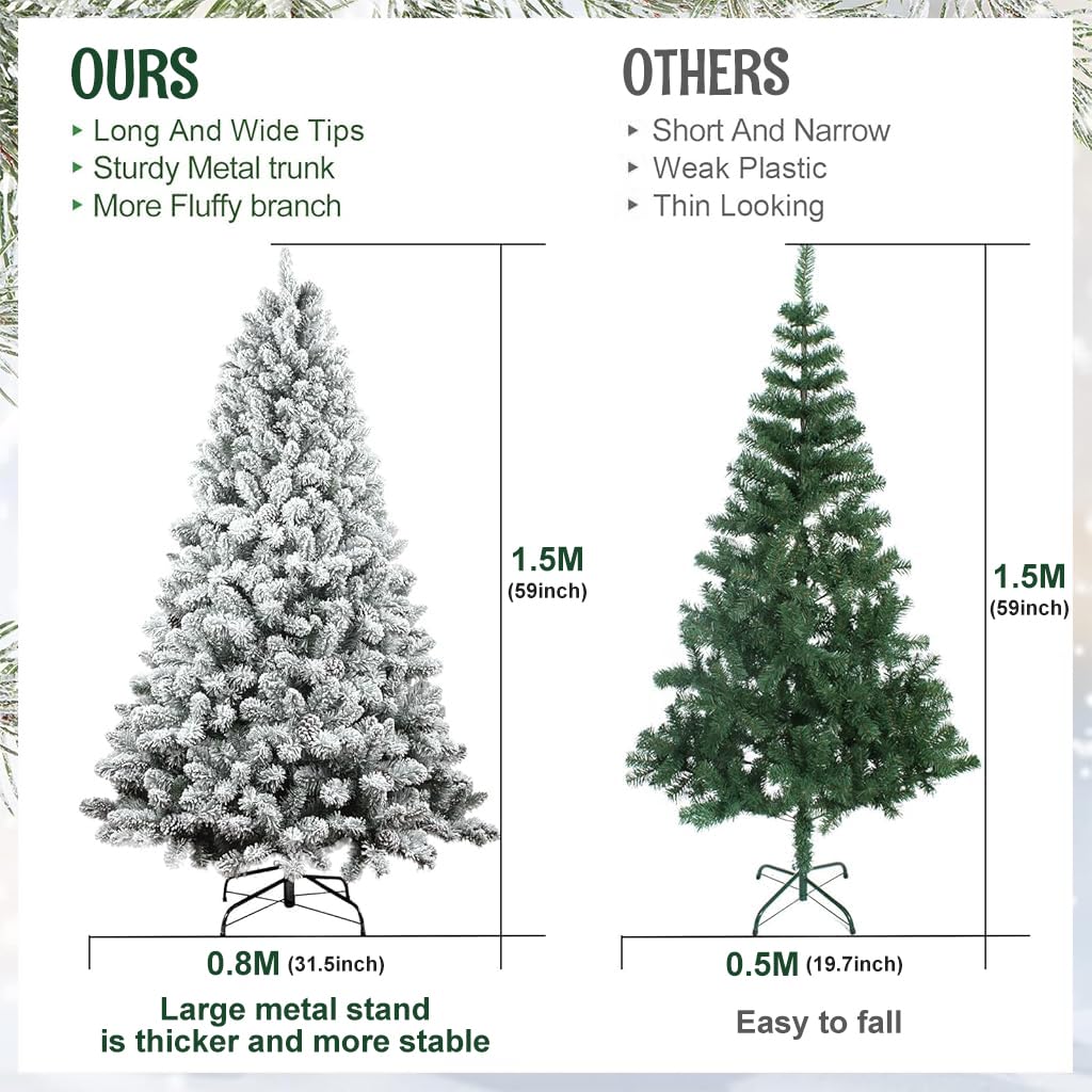 HASTHIP 59 Inches Christmas Tree for Home Decor DIY Assembly 350Pcs Flocked Pin Oak Branches Flocked Artificial Christmas Tree Decorative Powdery Snow Fake Christmas Tree for Christmas Home Decor