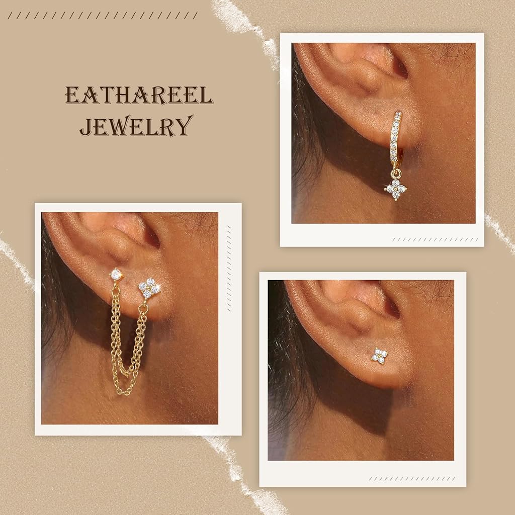 SANNIDHI® 3 Pairs Earrings Set for Women Stud Hoop Dainty Silver Flower Chain Earring for Multiple Piercing Hypoallergenic Earrings Jewelry