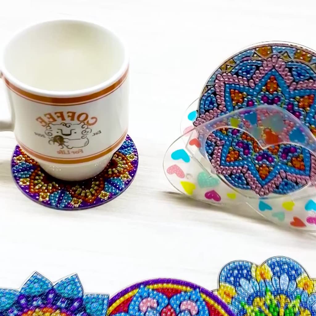 HASTHIP 8Pcs Diamond Painting Coasters with Holder, DIY Mandala Coasters Diamond Painting Kits for Beginners, Adults & Kids Art Craft