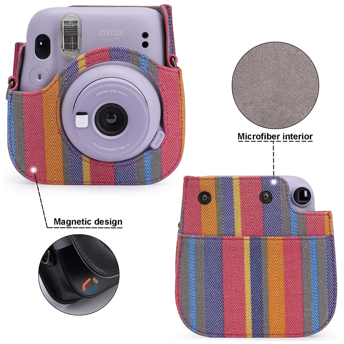 ZORBES Instax Mini 11 Case Cover, Protective Camera Case for Fujifilm Instax Mini 11, Color Striped Easy Install Bag with Removable Shoulder Strap & Top Cover for Intex Camera Mini 11 Mini 8 Mini 9