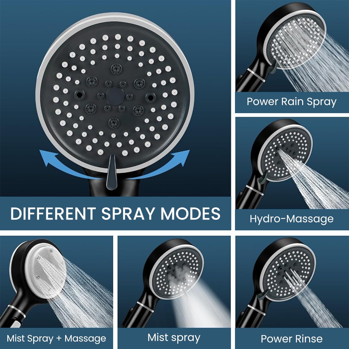 Serplex Pressurized Shower Head with Built in Filtration Double Sided Handheld Shower Brush Scrubber Shower Head with 5 Spray Modes 2 in 1 Spa Shower Head with Water Stop Button Universal Shower Head