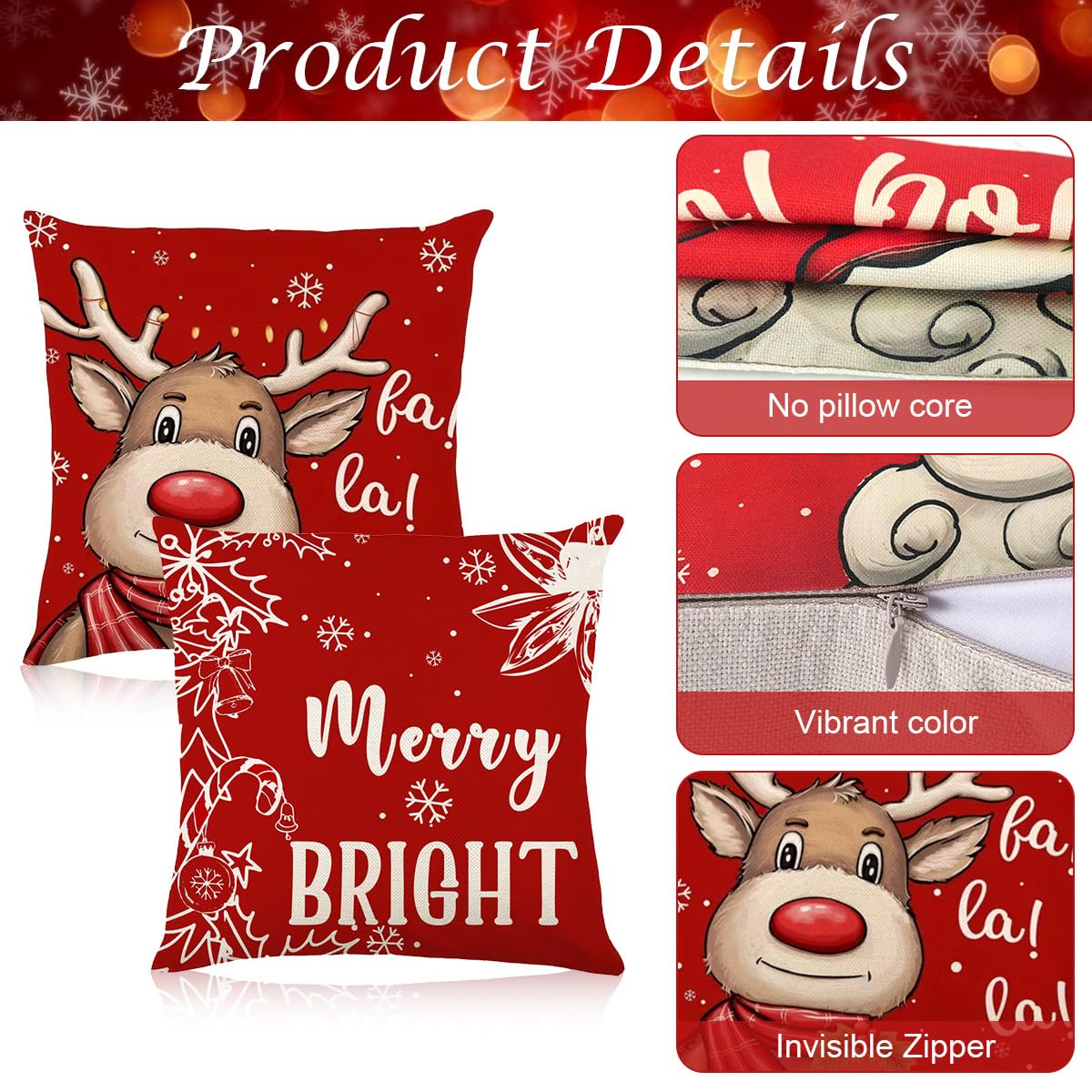 HASTHIP® 4Pcs Christmas Square Pillow Covers 15.7 inches Red Square Linen Printed Pillow Cover Classic Christmas Sofa Pillow Covers Square Pillow Covers for Christmas