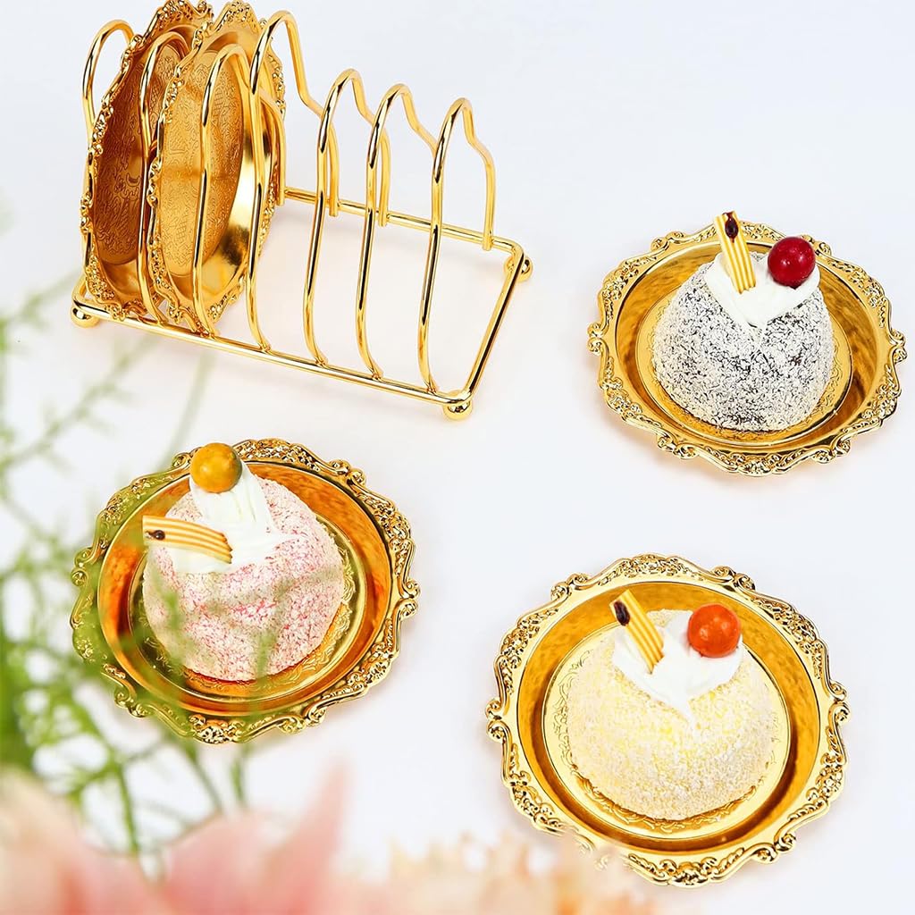Supvox Set of 6 Small Dessert Plates 3.9 inches Golden Dessert Plates with Golden Metal Stand Luxury Golden Embossing Dessert Plates for Party, Banquet, Birthday, Festivals
