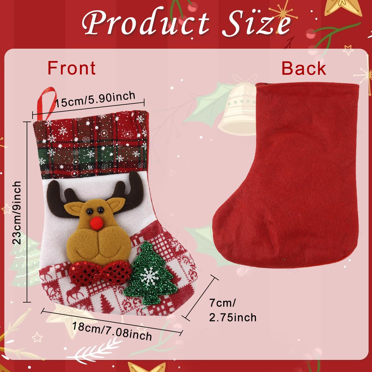 HASTHIP 4pcs Red Christmas Stocking 9.8 inch Christmas Gift Stocking with 4 Designs Hanging Christmas Stockings Gift Christmas Stocking Christmas Stocking for Window, Christmas Tree, Door