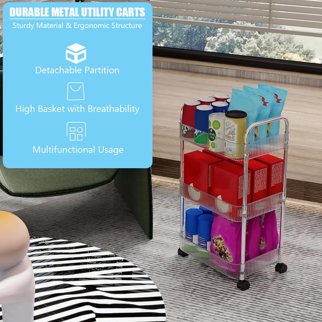 HASTHIP Acrylic 3-Tier Home Organizer Rolling Cart with Locking Wheels, Premium Versatile Organizer with 3 Hanging Basketsfor Bathroom, Laundry, Office, Transparent Design for Home, Kitchen, Bedroom