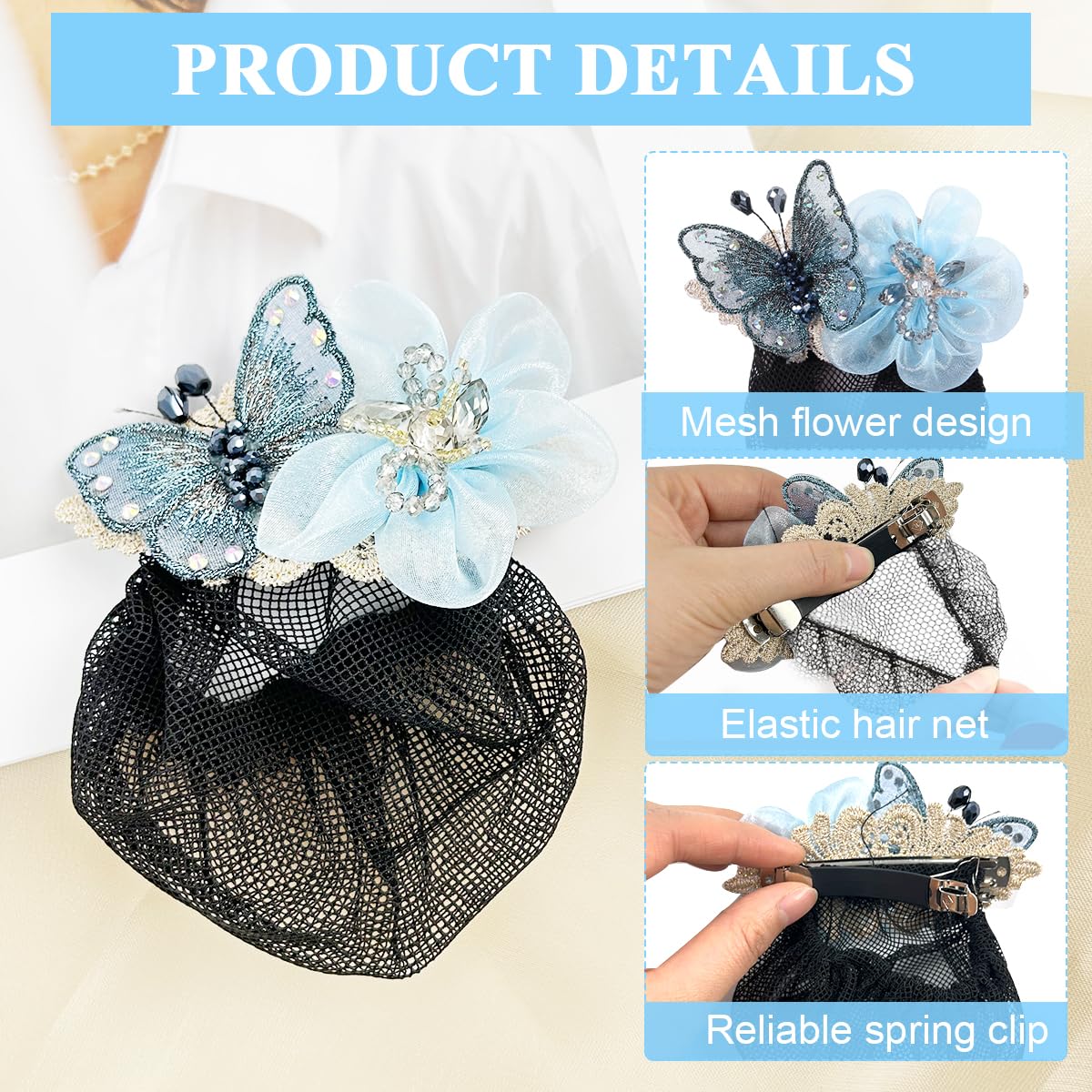 MAYCREATE Hair Snood Net Hair Bun Accessories for Women, Stylish Clip Hair Net for Women for Bun, Mesh Bun Maker for Hair, Hair Bun Cover Hairnet for Daily, Work, Dancer (Blue - Butterfly)