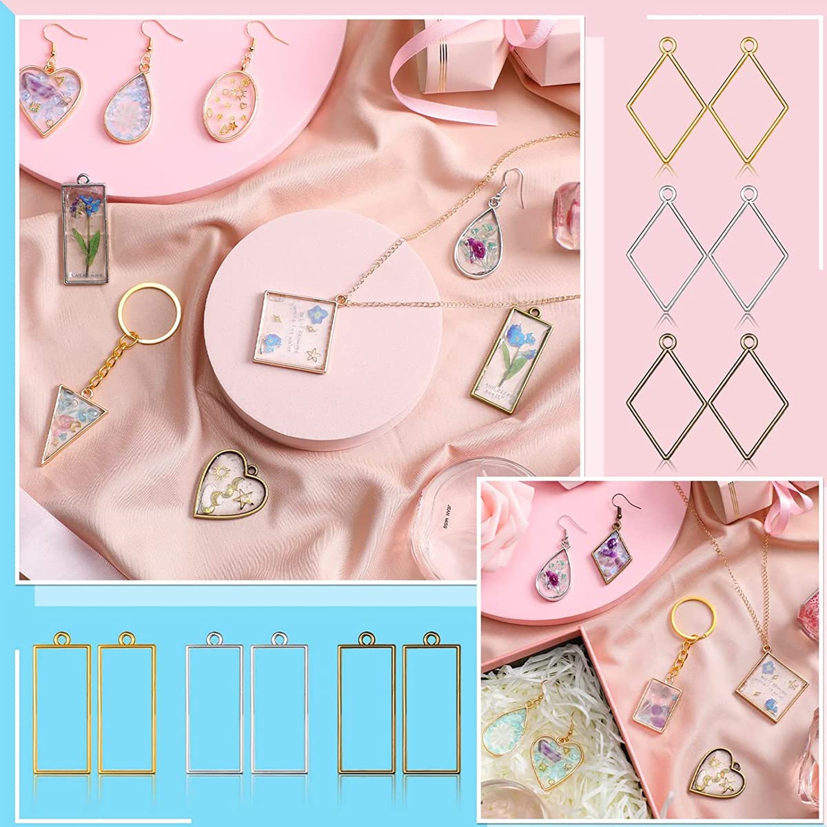 HASTHIP 55Pcs Resin Pendant Mould, Mini Frame Pendants, Charm Pendant Metal Resin Moulds Kit For Key Chain Earring Necklaces Bracelet Diy Crafts, Multi-coloured