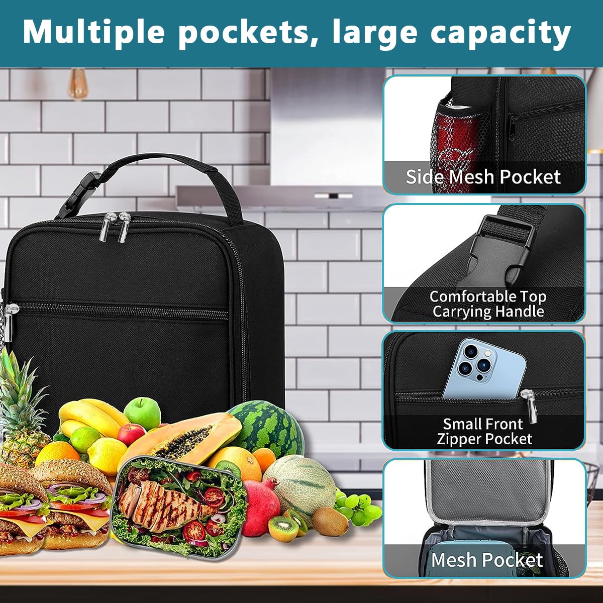 HASTHIP Lunch Box Insulated Soft Bag, Food Safe Durable Lunchbox for Men Women Adults, Small Lunchbox for Work Picnic, Reusable Lunch Bag Portable Lunch Tote, Black