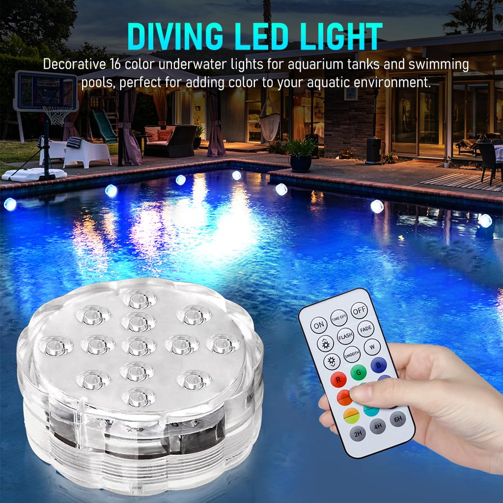 Qpets LED Pool Light Aquarium Light IP68 Submersible Fish Tank Light Aquarium Light with Timer Support Remote Control Submersible RGB Fish Tank Light with 4 Suction Cup