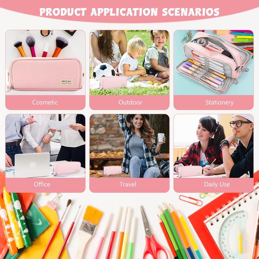 ZIBUYU Student Pencil Pouch Girls Pencil Bag Triple Layer Pencil Zipper Pouch Large Capacity Pencil Pouch Pink Oxford Cloth Pencil Pouch Office Stationeries Organizer Pouch School Supplies