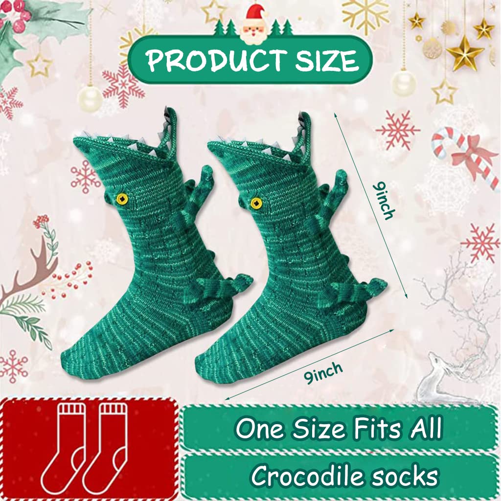 PALAY Floor Socks Cartoon Crocodile Mid-calf Socks Knit Warm Winter Socks Household Non-slip Cozy Socks for Pajama Party Christmas Gift for Women Teens(Green, One Pair)