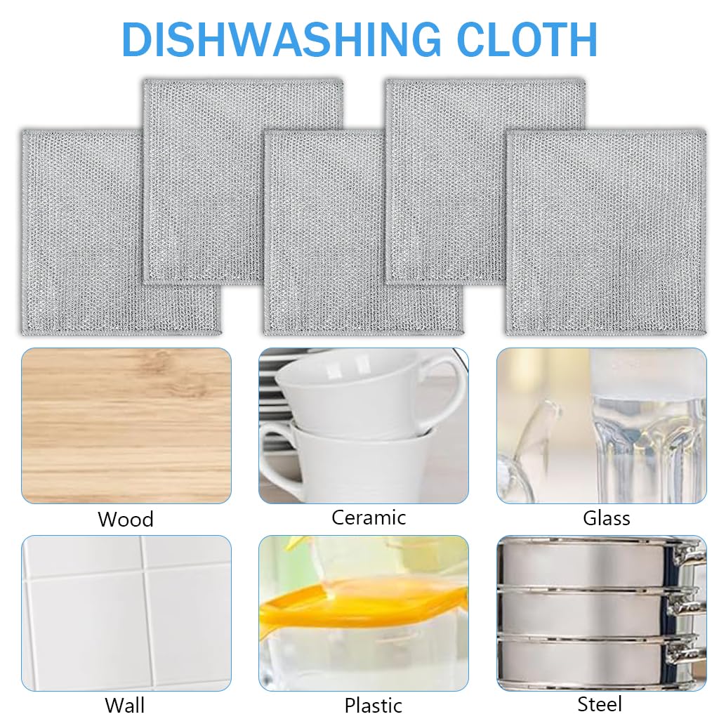 HASTHIP 5Pcs Double Layer non scratch wire dish cloth Multipurpose Wire Dish Cloth for Kitchen Scrubbing and Cleaning Dishes, Pots, Sinks, Reusable Non Scratch Wire Dishwashing Rags for Wet and Dry