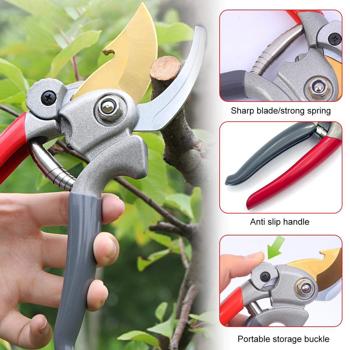 HASTHIP Gardening Bypass Pruner 7.8 Inches SK5 Steel Hand Pruner with Safety Lock Anti-slip Rubberized Handle Design Spring Loaded Labor Saving Bypass Pruner for Shrubs, Flowers, Fruit Trees
