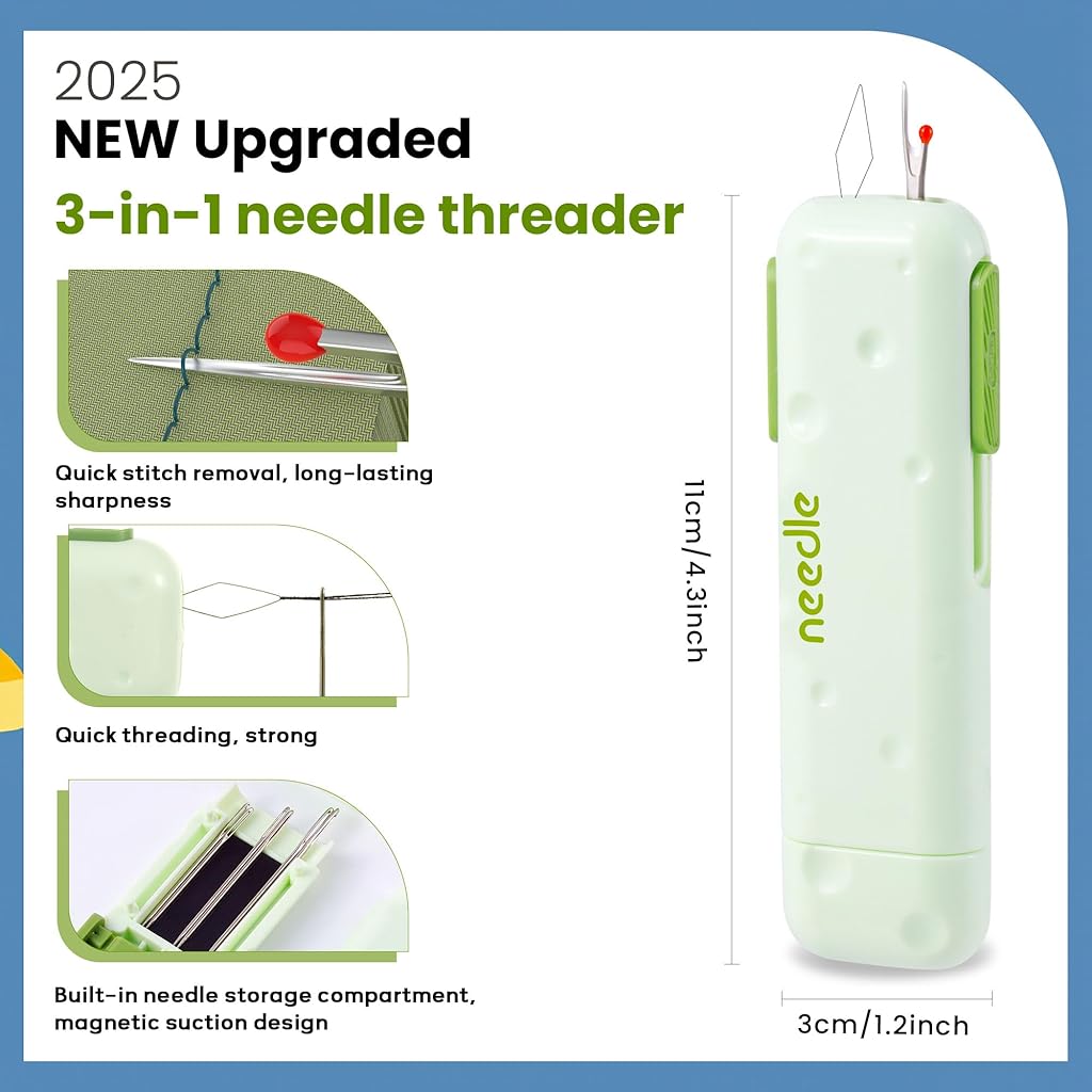 HASTHIP® 3 in 1 Threader Retractable Wire Loop Threaders, Seam Ripper with Needle Storage Case Compact Sewing Needle Accessory for Hand Sewing, Embroidery, and Crafts