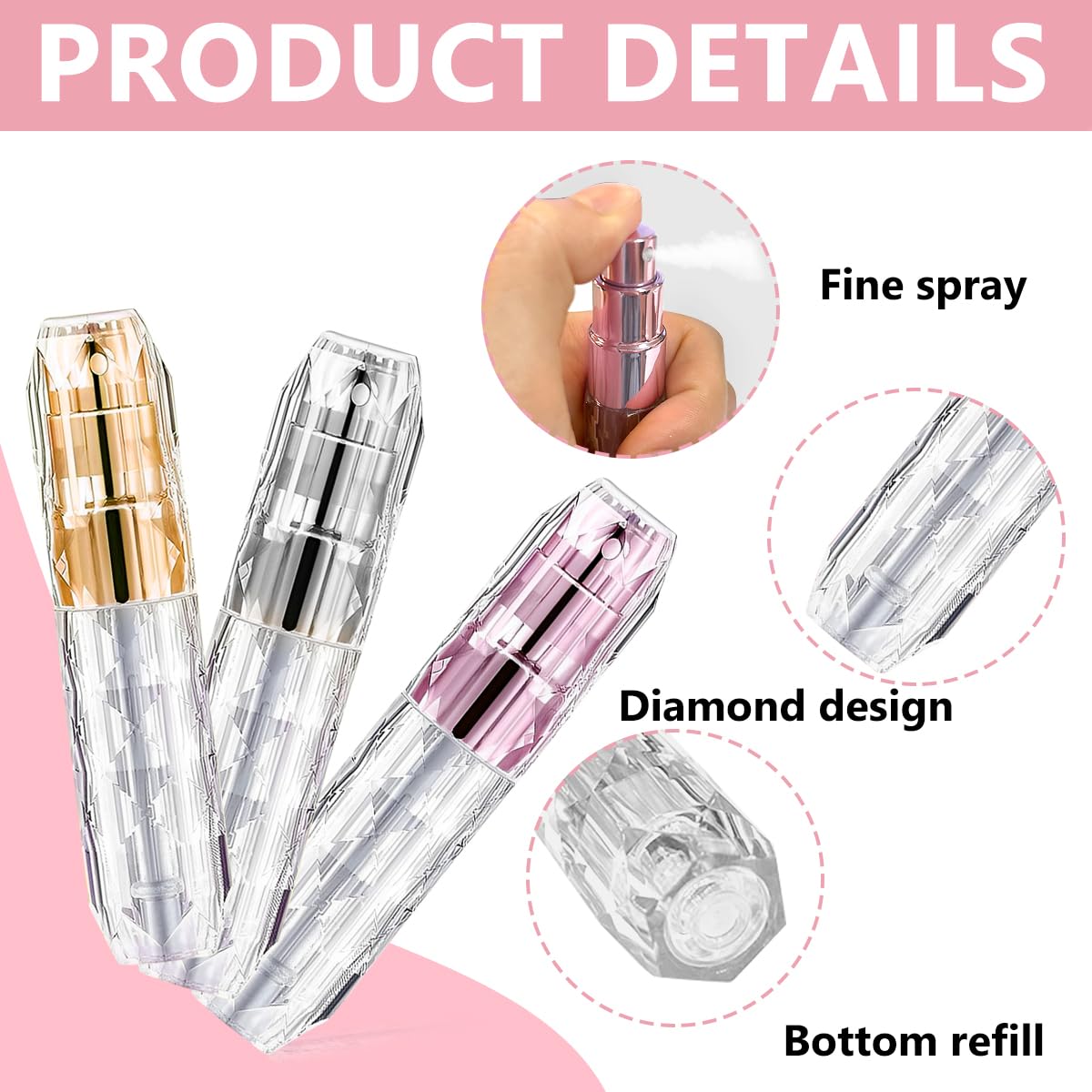 MAYCREATE 3pcs Mini Perfume Refill Bottle, 5ml Travel Refillable Perfume Bottle Atomizer, Stylish Acrylic Perfume Spray Bottle Self Pumping Dispenser for Women Men Gift
