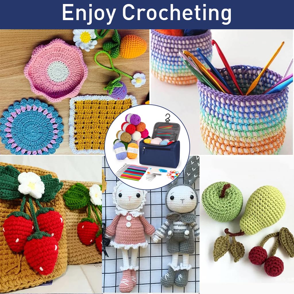 HASTHIP 9Pcs Crochet Hooks Stitching Needles Set with Storage Bag, 6 Large Eye Stitching Needles, 20Pcs Color Stitch Marks Anti-slip Rubberized Handle Crochet Hooks Beginners Crochet Kit