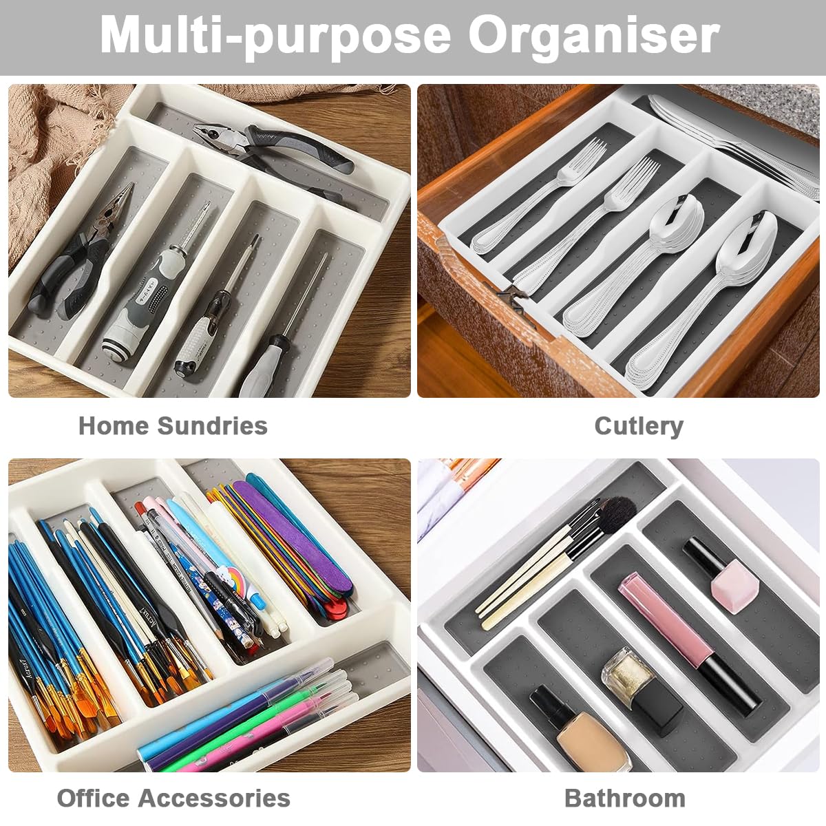 HASTHIP Plastic Cutlery Tray for Kitchen Drawer Silverware Organizer with Non-slip TPR 5 Separate Compartments for Utensils Organization White, Sturdy and BPA-Free