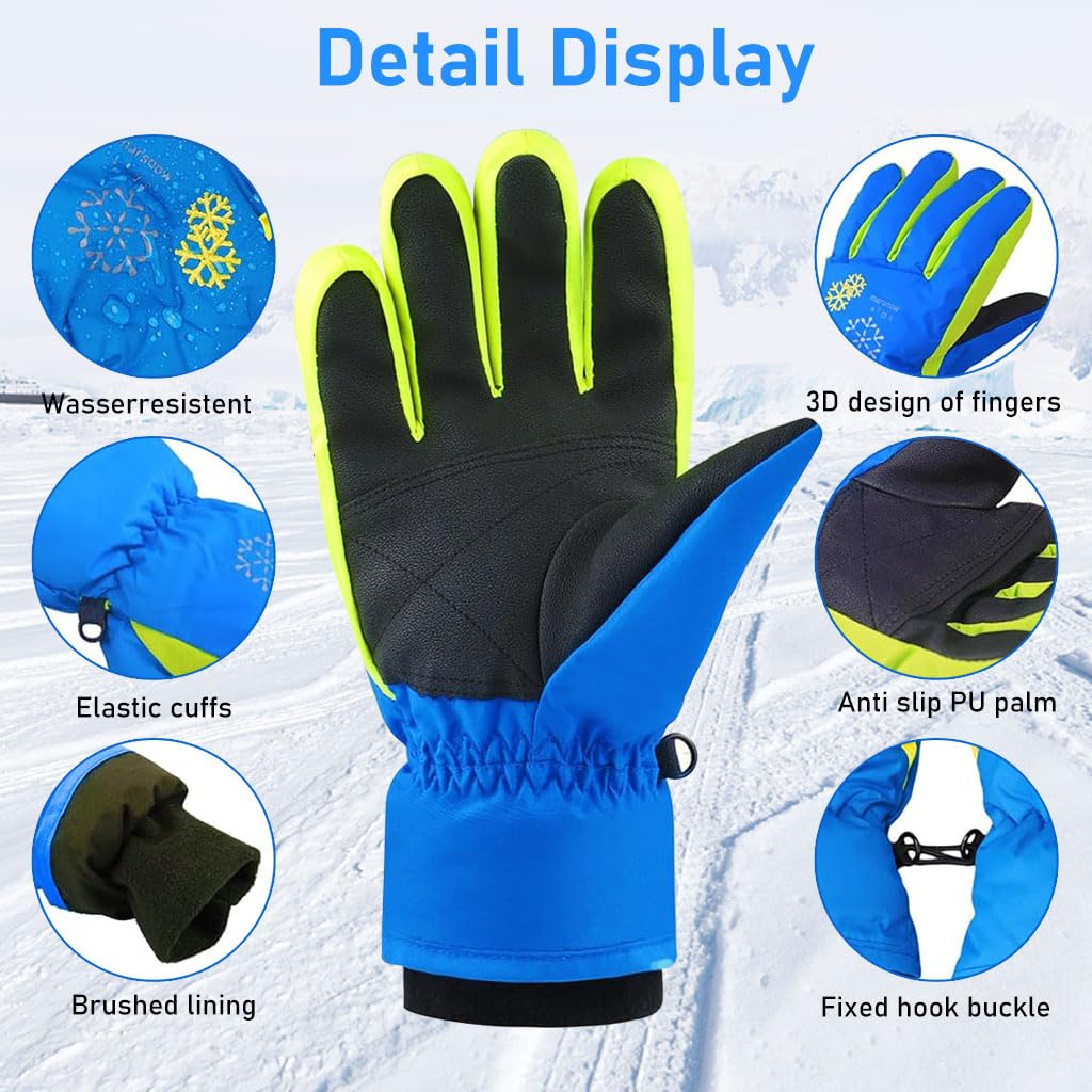 GUSTAVE Winter Gloves for Kids Warm Ski Gloves with Anti-Slip PU Palm, Waterproof and Windproof Riding Winter Gloves for Men Fashion Outdoor Gloves for Boys & Girls, Christmas Gifts(9-15 Years Old)