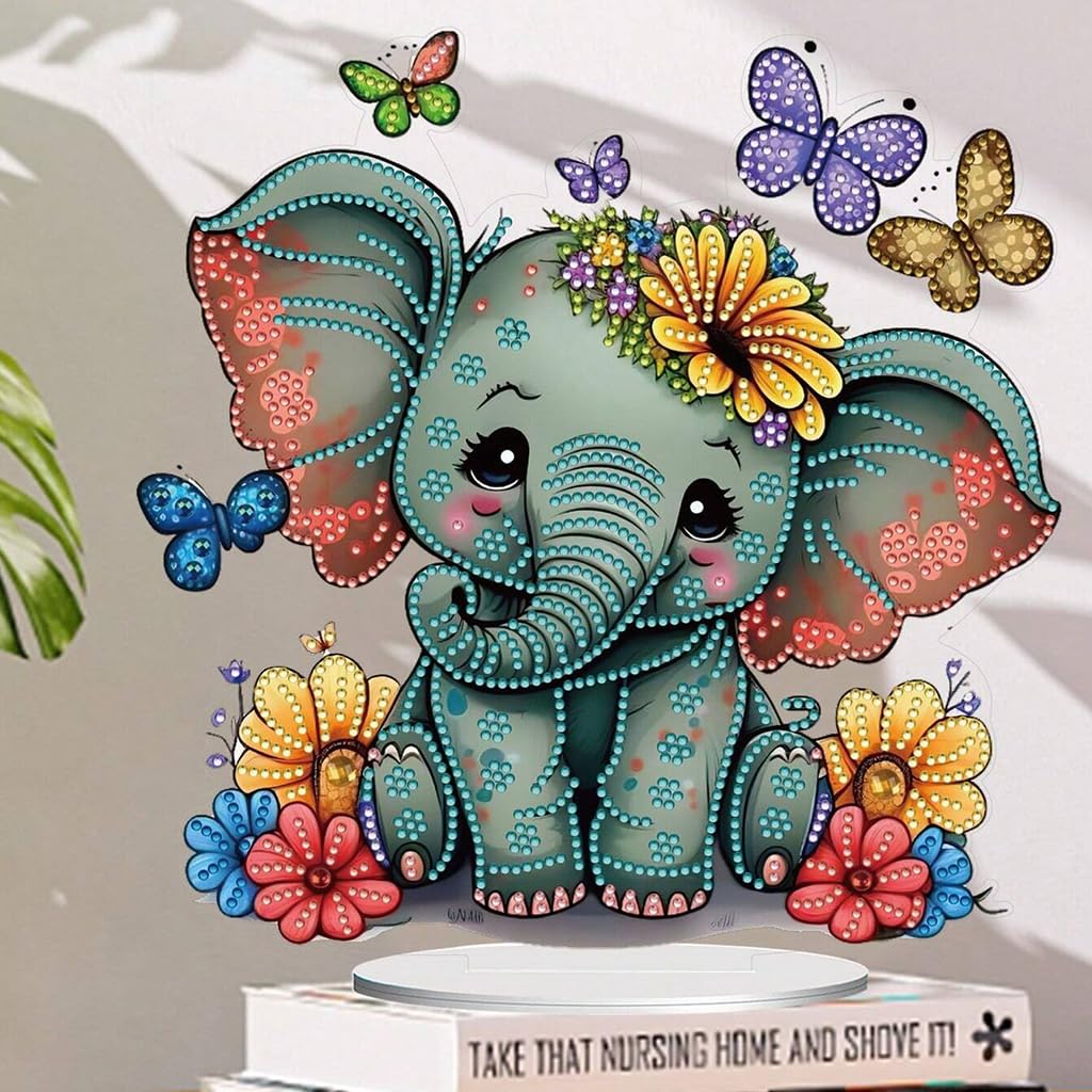 HASTHIP DIY 5D Diamond Painting Art Material Kit 9.5 Inches Acrylic Elephant DIY 5D Diamond Painting Art Desk Decoration with Tools and Color Gem Packs, DIY Diamond Painting Gift