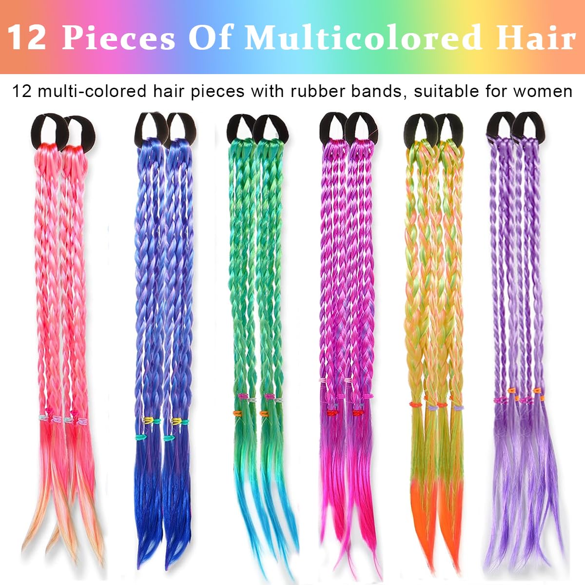 SANNIDHI 12pcs Rubber Bands Hair Extensions for Girls Women, 17 Inch Colorful Braided Synthetic Hairpieces, Kids Ponytail Wigs Twist Braid Rope Hair Accessories