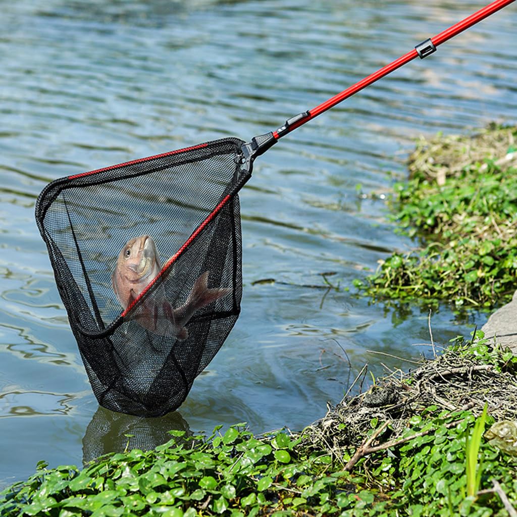Proberos Retractable Fishing Net, Portable Aluminum Alloy Fishing Net Folding Triangle Wide Fishing Landing Net Telescopic Fishing Net Catcher Suitable for Fish Under 5 KG (2.1M)
