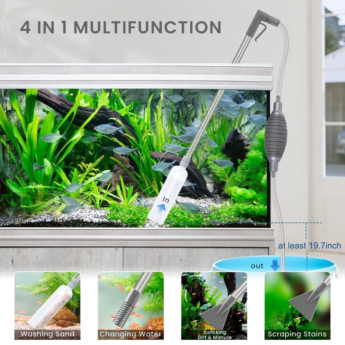Qpets 3M Manual Fish Tank Cleaner, Fish Tank Siphon and Gravel Cleaner A Hand Syphon Pump to Drain Aquarium Cleaning Tool Gravel Cleaner Aquarium Siphon Pipe