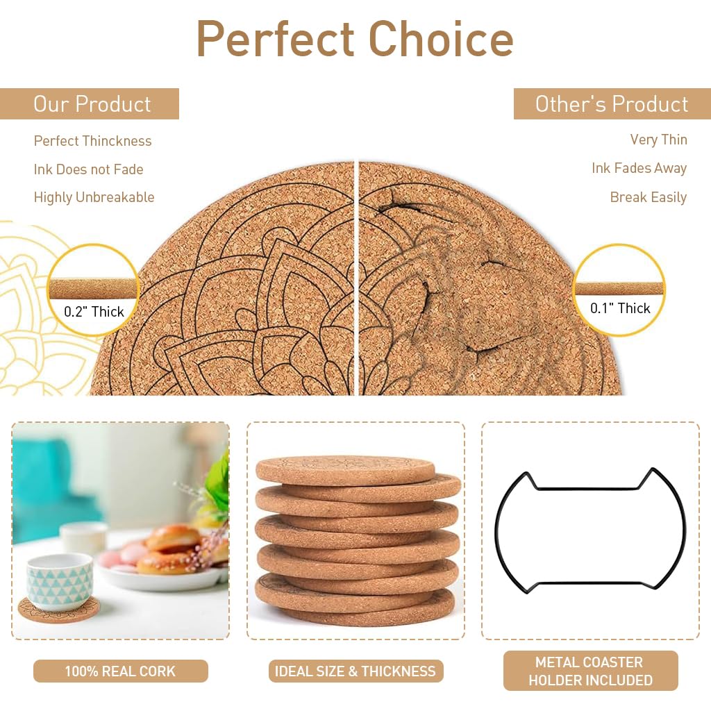 HASTHIP 12Pcs Mandala Coaster Cork Mandala Embossing Coasters 3.9 Inches Cup Coasters with Coaster Organizer Rack Home Gift Aesthetic Home Coasters for Tea Cups, Coffee Cups, Mug