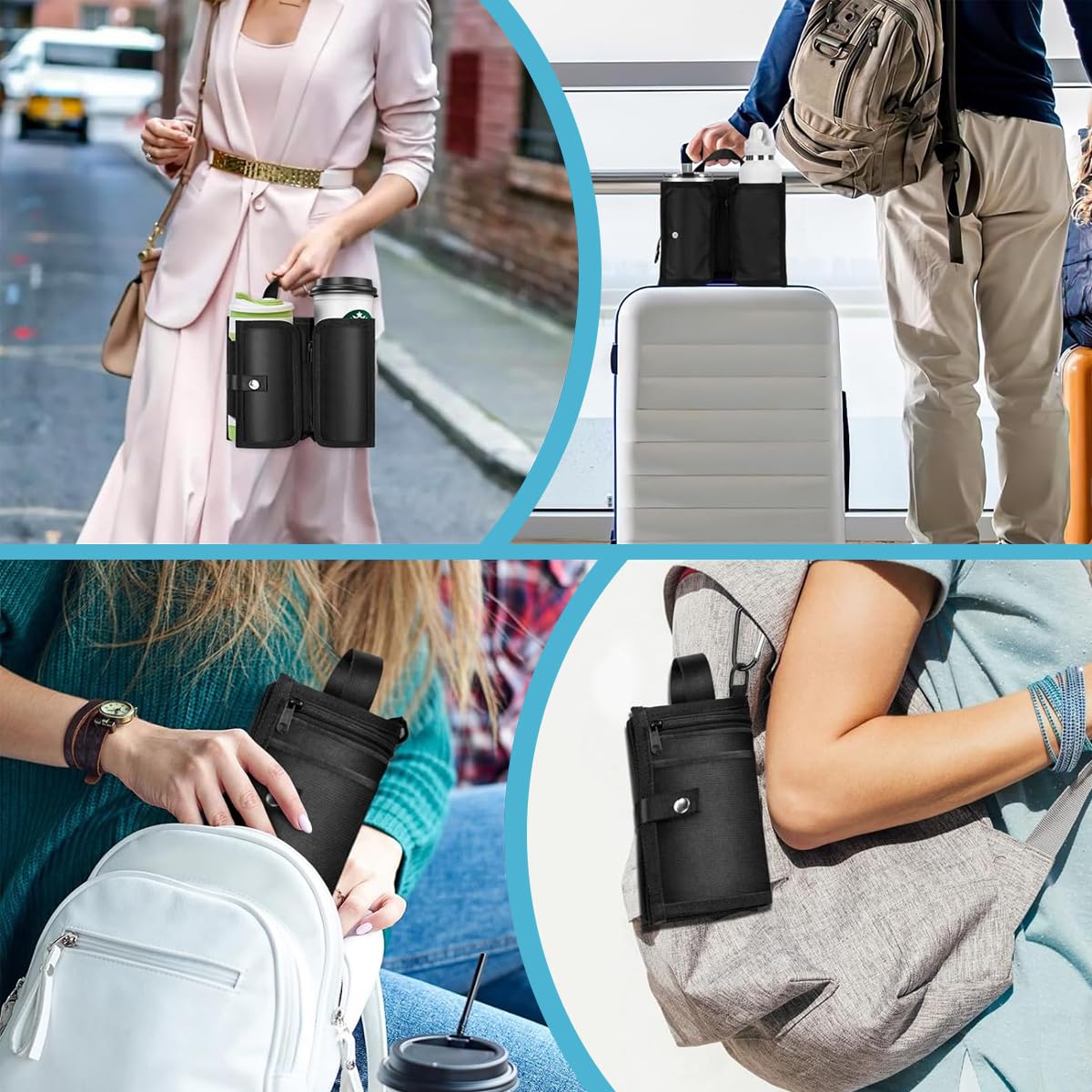 HASTHIP Travel Cup Holder for Luggage Dual Cup Oxford Cloth Coffee Cup Holder with Handle & Carabiner 2 in 1 Travel Cup Carrier Accessories Organizer Pouch for Coffee Cup, Water Bottle, Powerbank