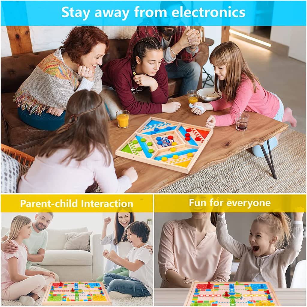 PATPAT Fastest Finger First Board Game, 4 Players String Hocky Board Game, 2 in 1 Sling Puck Board Game & Dice Game, Board Games for Kids & Adults, Fastest Finger Wooden Board Games for Family