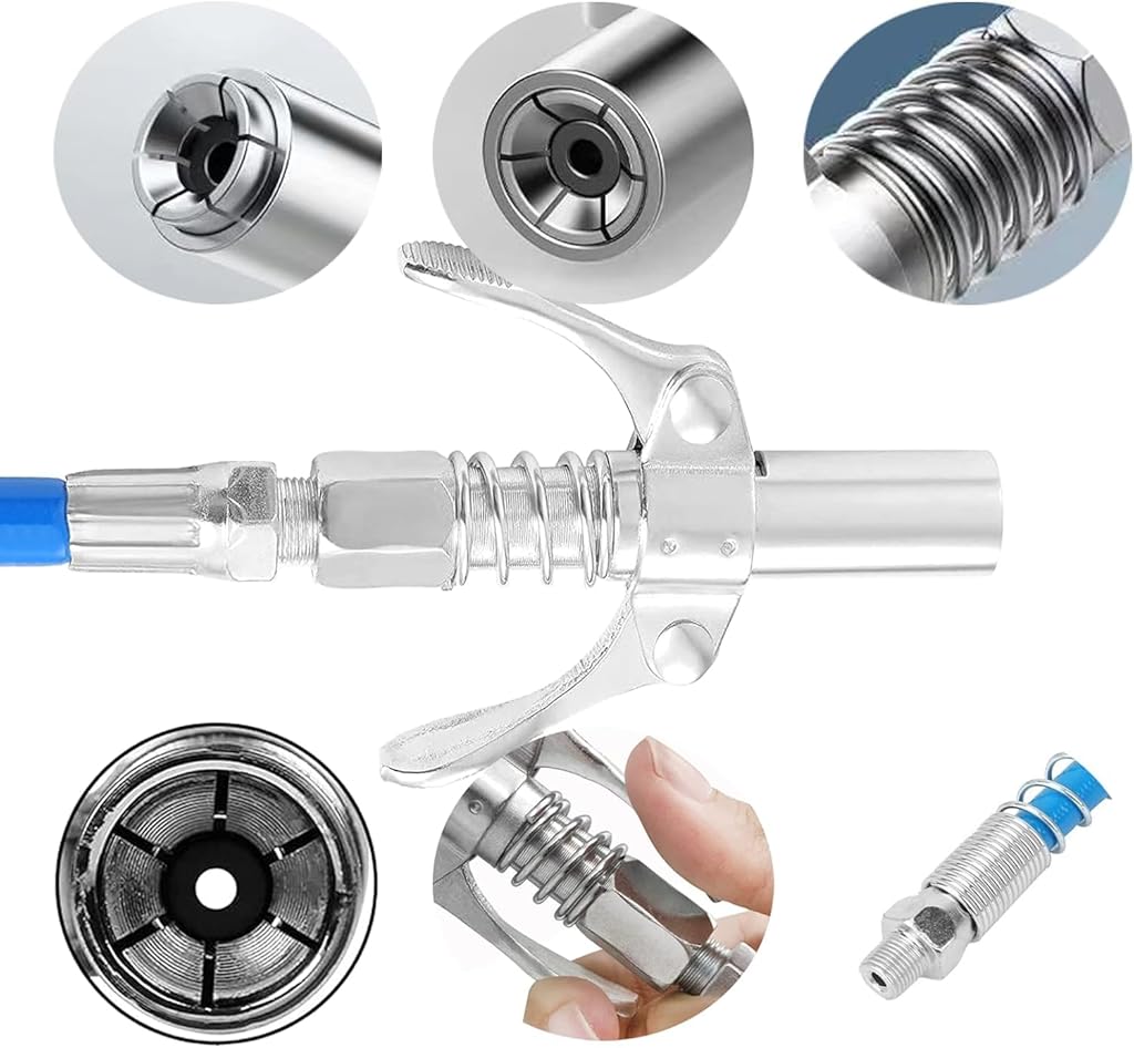 STHIRA® Grease Gun Coupler Strong Lock Release 12000 PSI Quick Metal Dual Handle Tip 30cm Hose Compatible with All 1/8 NPT Fitting 3PCS