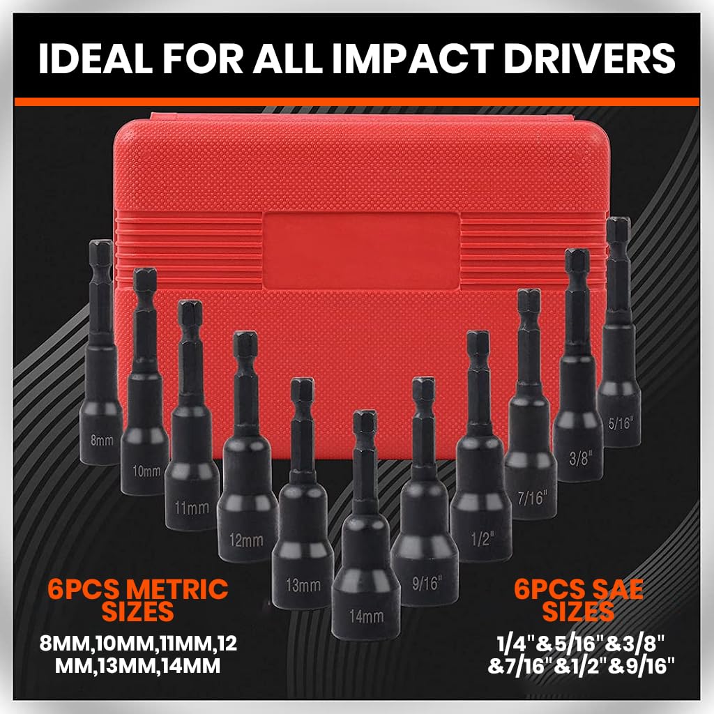 Serplex 12Pcs Nut Driver Set Heavy Duty CR-V Hex Nut Driver Drill Bit Set with Carry Case Metric 1/4-Inch Quick-Change Impact Power Hex Nut Driver Drill Bit Kit Impact Power Accessories