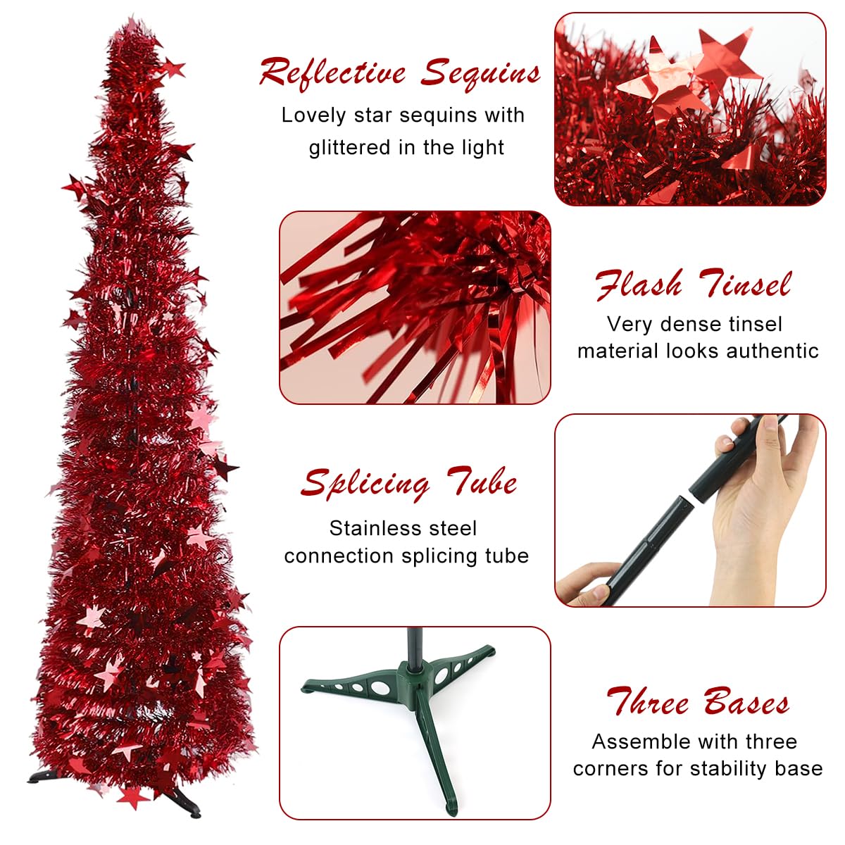 HASTHIP 1.5m Sparkling Red Christmas Tree Tinsel Garland Red Christmas Tree Festival Party Home Decor DIY Assembly Red Christmas Tree for Living Room, Balcony, Entryway, Garden