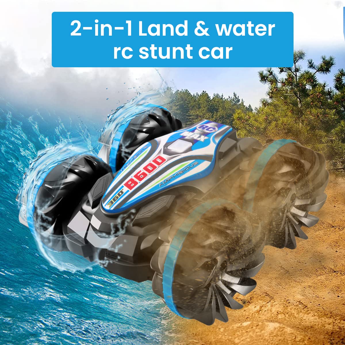 PATPAT Remote Control Car for Kids, 2.4Ghz Wireless Remote Land Water 2 in 1 Rc Stunt Car Toy, 360° Rotatable Multifunction Waterproof Remote Vehicle Gifts for Boys and Girls (Blue)