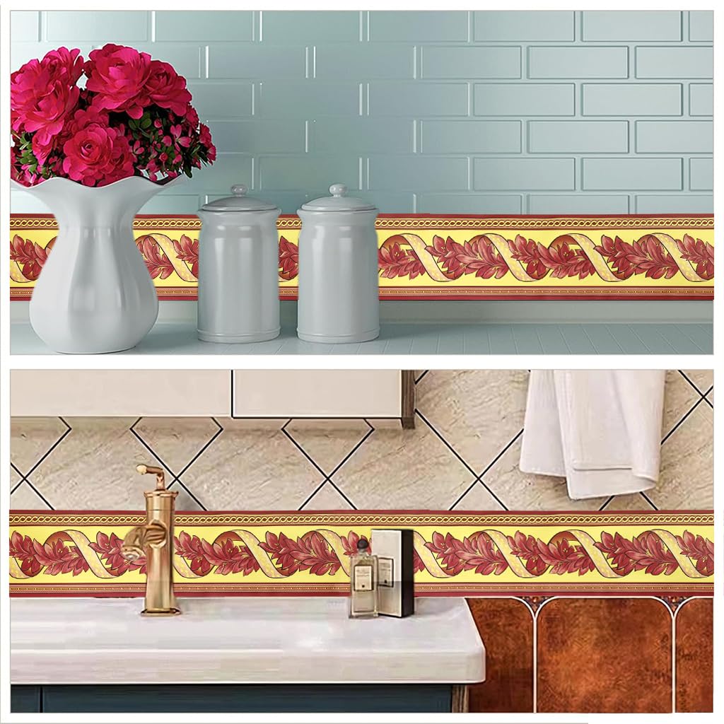 HASTHIP Wall Border Sticker - 3.9''×29.5 Ft Self-Adhesive Floral Trim PVC Frame Sticker, Kitchen Bathroom Waterproof Wallpaper Border Removable Self Adhesive Tiles for Room Decor, Cupboard, Home DIY
